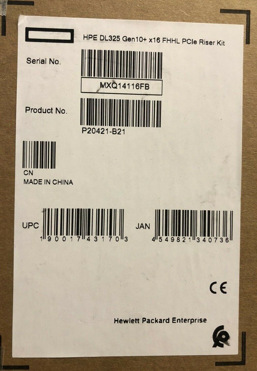 HPE P20421-B21 DL325 Gen10 Plus and V2 PCI-e 4.0 FHHL x16 Riser Kit.