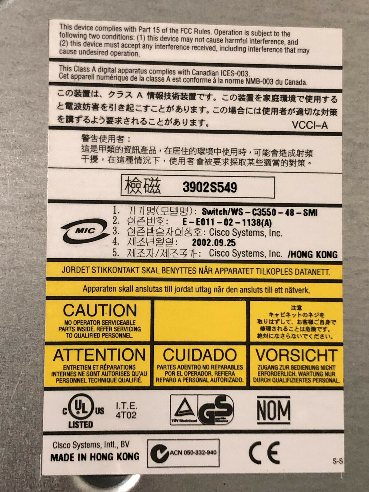 Cisco Catalyst 3550 WS-C3550-48-SMI Ethernet Switch 48x 10/100 RJ45 2x 1Gb GBIC.