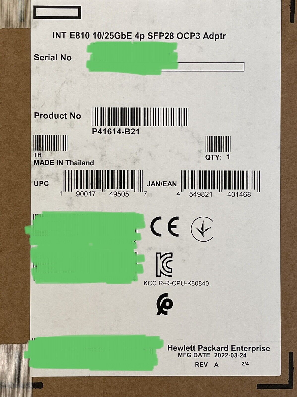 HPE P41614-B21 Intel E810-XXVDA4 Ethernet 10/25Gb 4-port SFP28 OCP3 Adapter NIC PCI-e 4 x16 Quad Port.