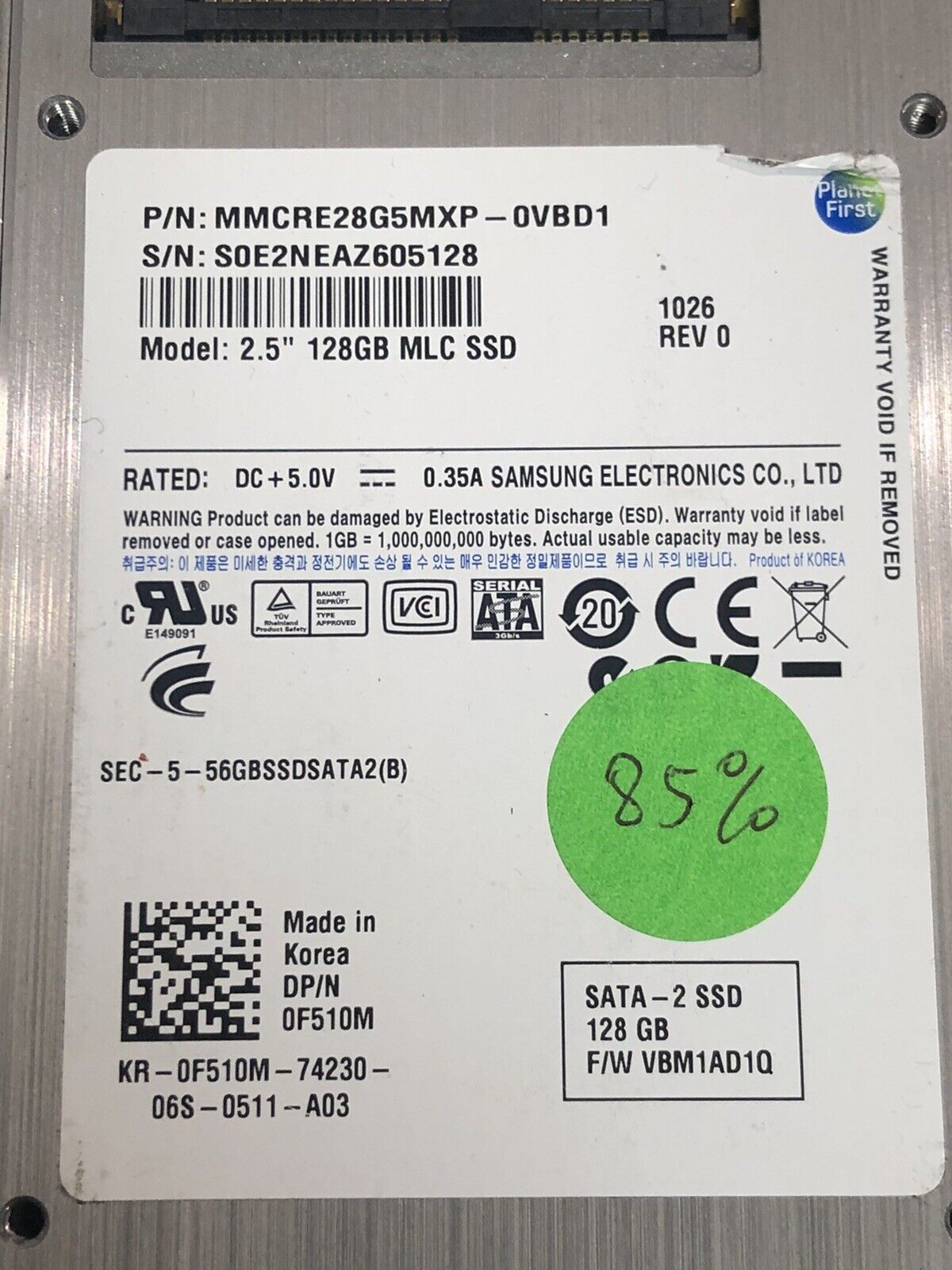 Dell 0F510M Samsung 128GB SATA 3Gb/s 2.5" SFF MLC SSD Solid State Drive Laptop Desktop Drive
