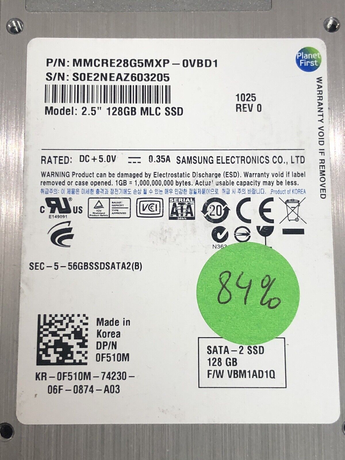 Dell 0F510M Samsung 128GB SATA 3Gb/s 2.5" SFF MLC SSD Solid State Drive Laptop Desktop Drive