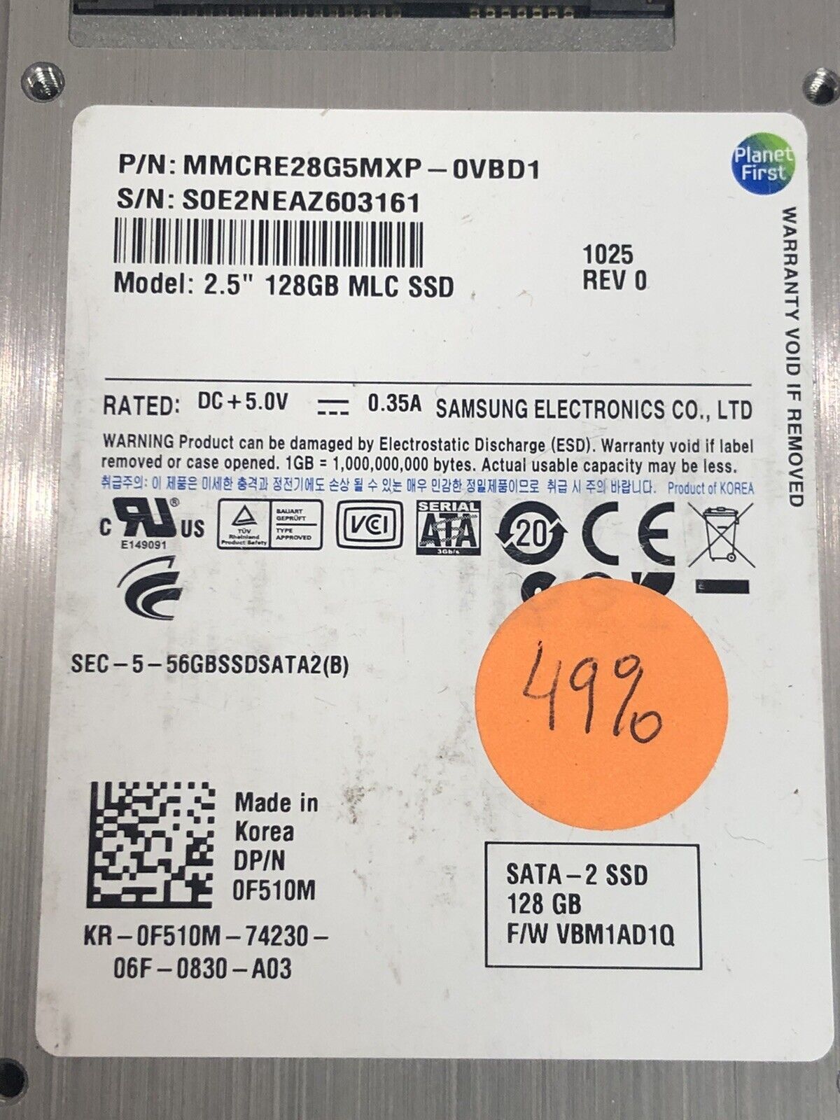 Dell 0F510M Samsung 128GB SATA 3Gb/s 2.5" SFF MLC SSD Solid State Drive Laptop Desktop Drive