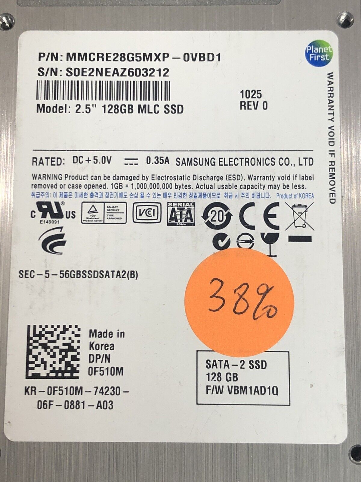 Dell 0F510M Samsung 128GB SATA 3Gb/s 2.5" SFF MLC SSD Solid State Drive Laptop Desktop Drive