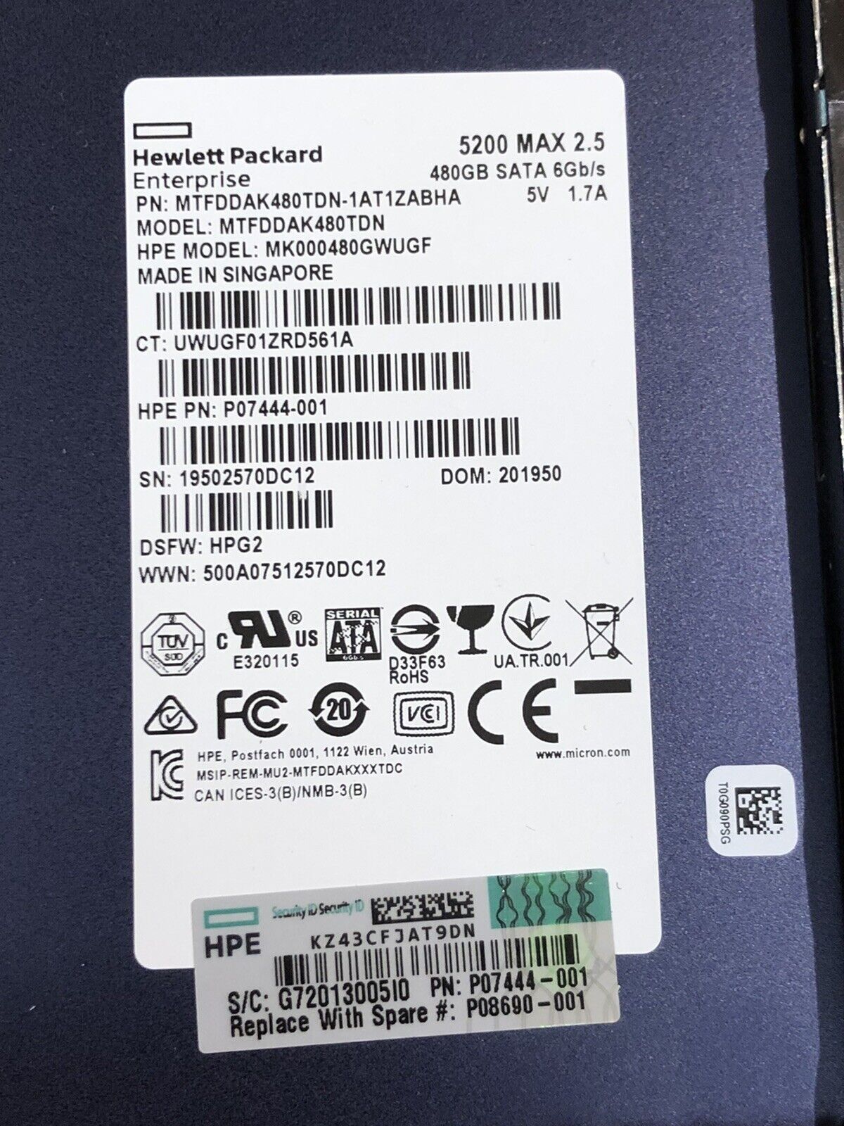 HPE P08690-001 480GB SATA 2.5" SFF RI (Read Intensive) SC MLC SSD Solid State Drive