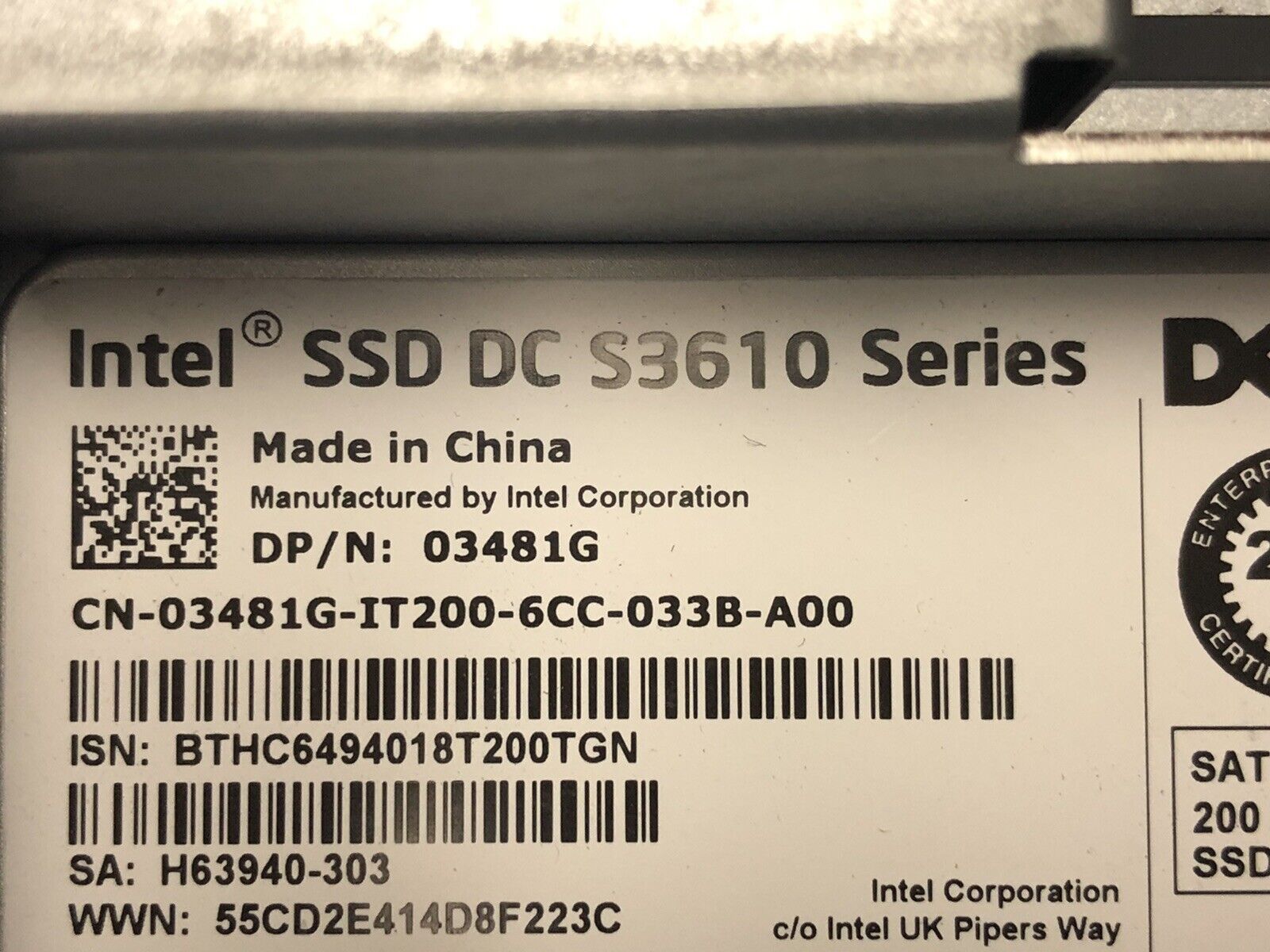 Dell 03481G 200GB SATA 6Gb/s 3.5" SFF Mixed Use MLC SSD Solid State Drive