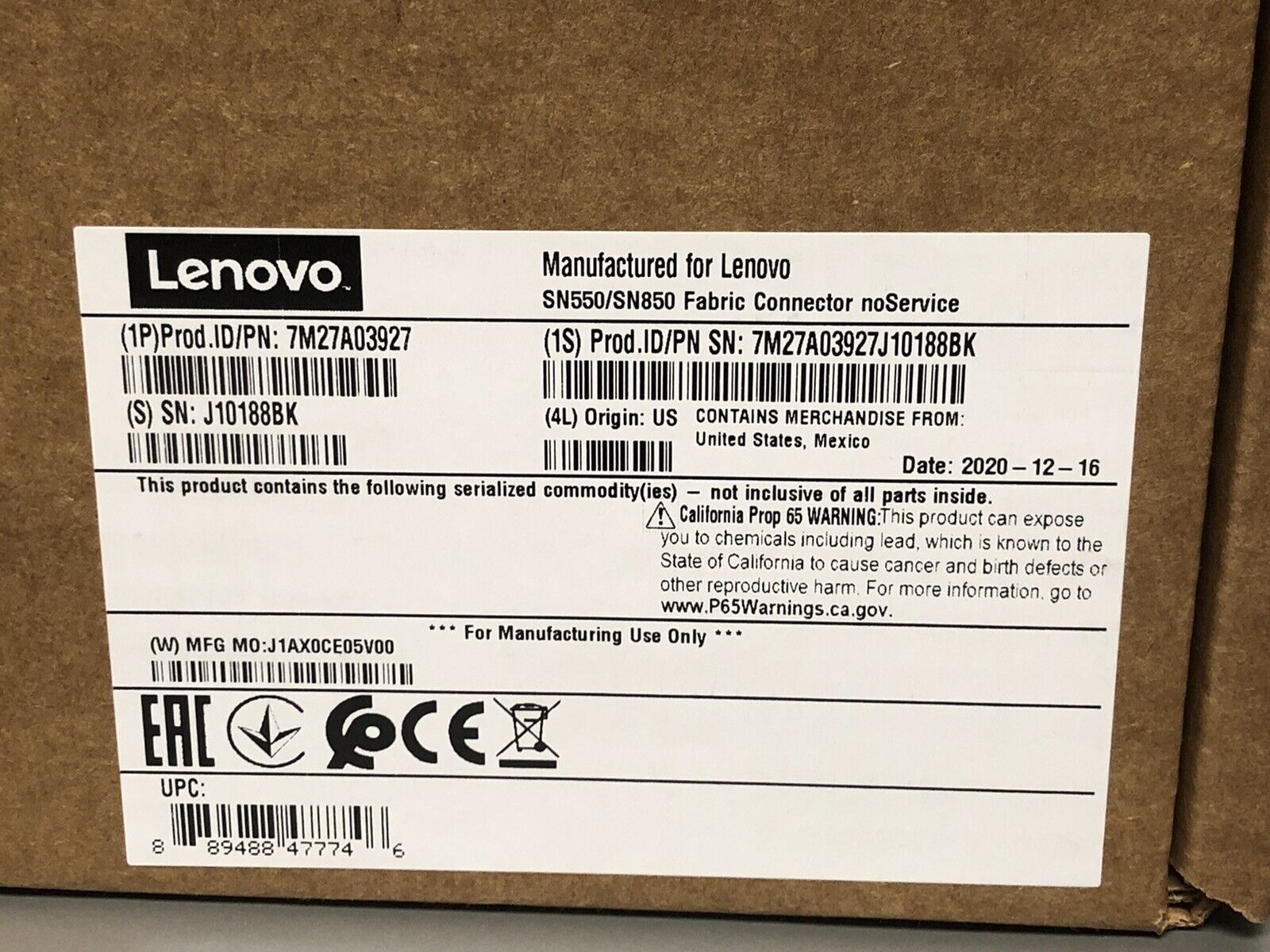 Lenovo ThinkSystem SN550 SN850 x880 Server Fabric Connector Enables LOM 4x 10GE 7M27A03927.