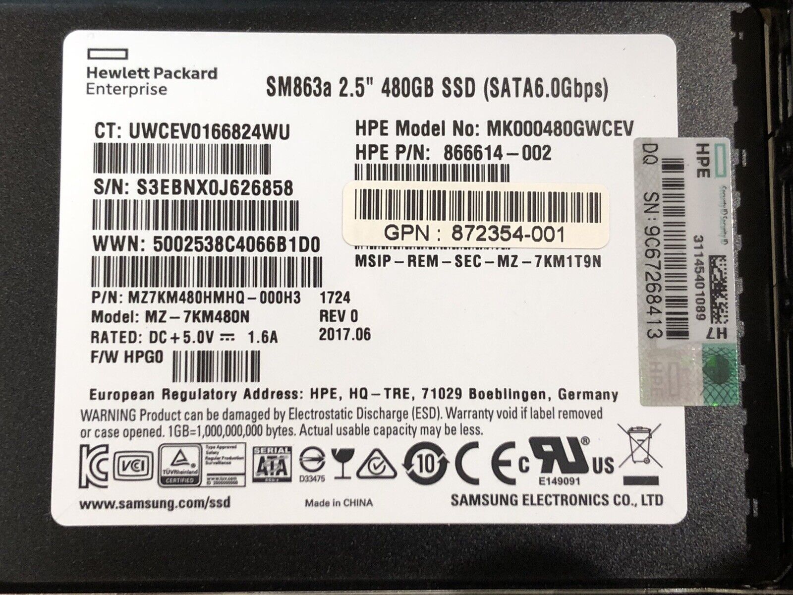 HPE 872518-001 480GB SATA 6Gb/s 2.5" SFF Mixed Use SC MLC SSD Solid State Drive