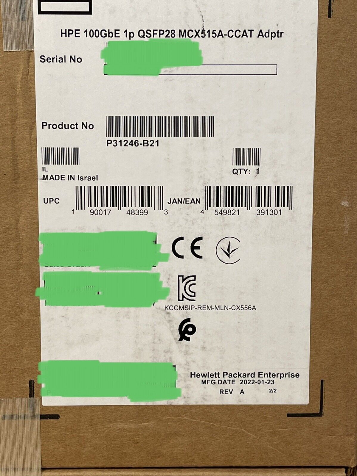 P31246-B21 HPE Mellanox 100GbE Ethernet 1 port QSFP28 ConnectX-5 Network Adapter PCI-e x16 MCX515A-CCAT.