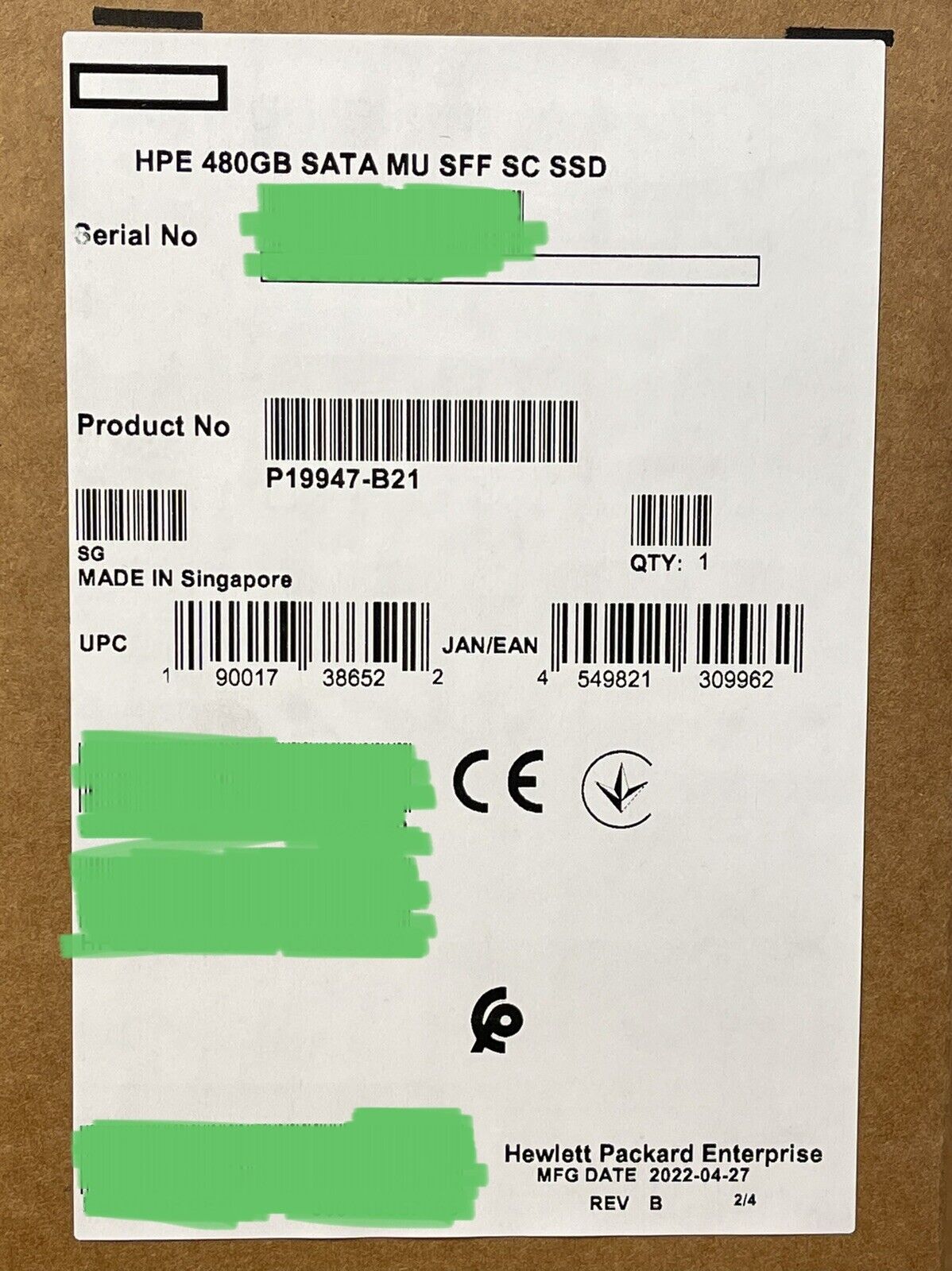 HPE P19947-B21 480GB SATA 6Gb/s 2.5" SFF Mixed Use SC TLC SSD Solid State Drive