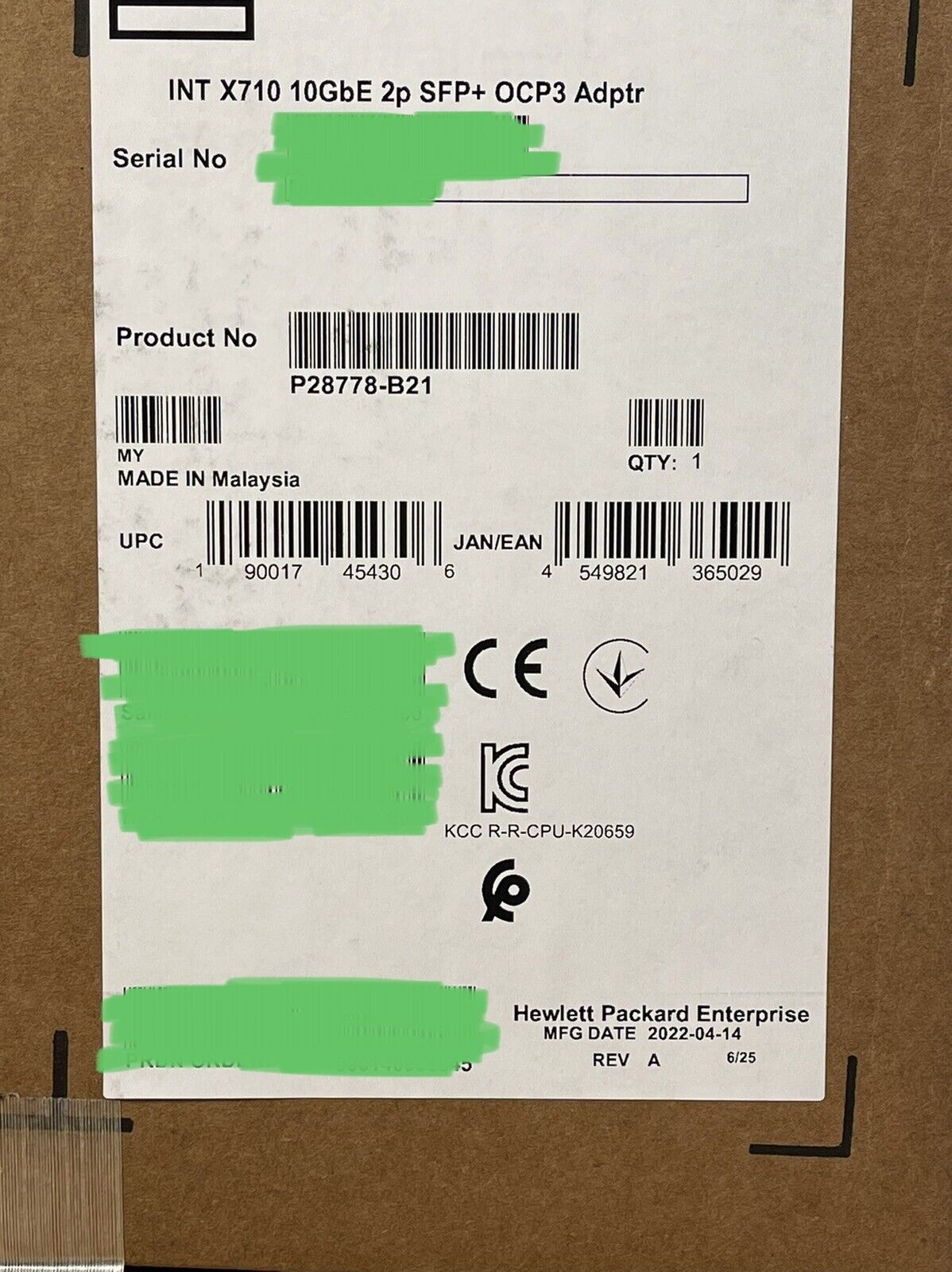 HPE P28778-B21 Intel x710 10GbE 2 port SFP+ OCP3 NIC Network Adapter Gen10 Plus and V2 2P 10G OCP3 x710-DA2