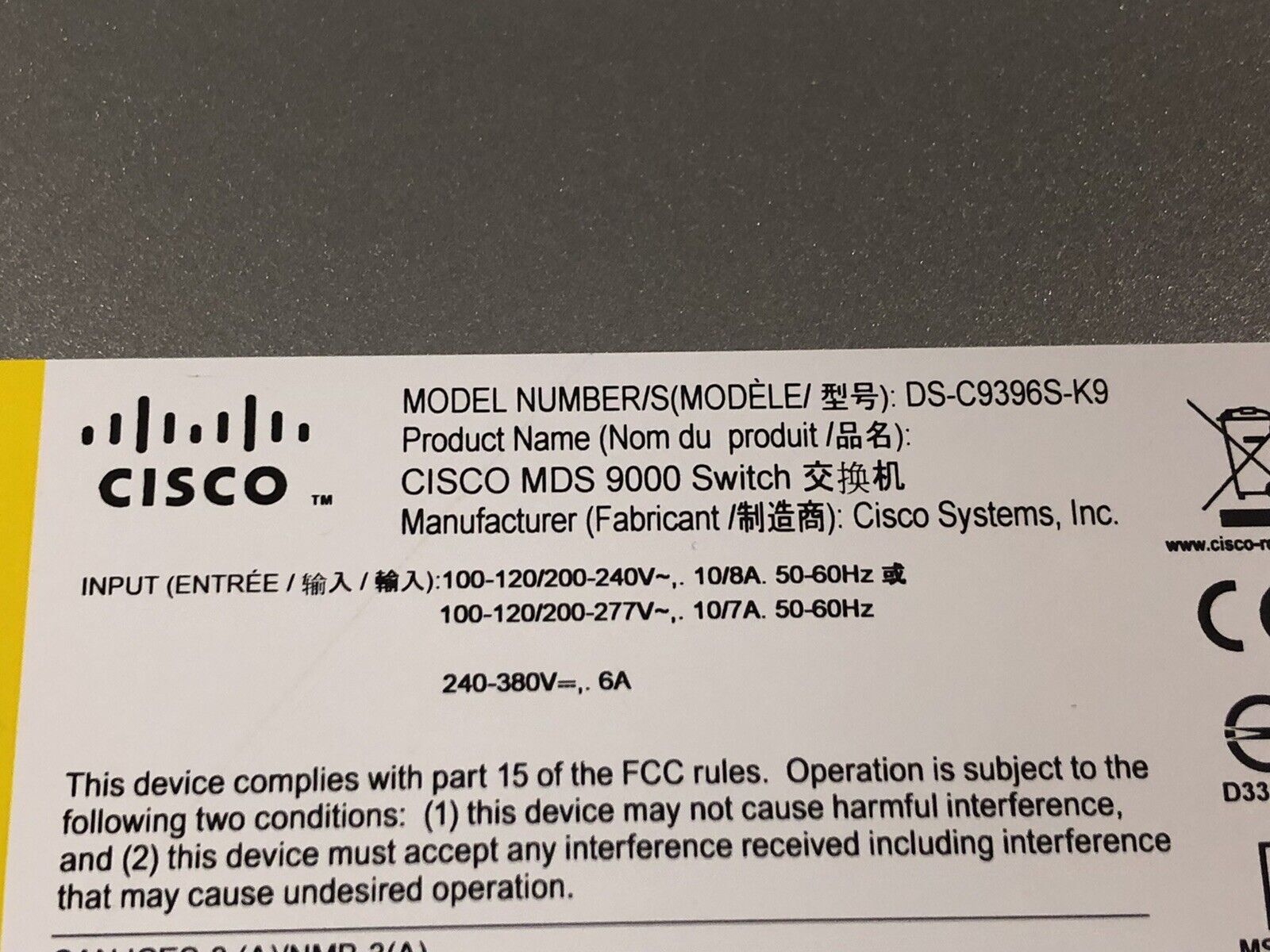 Cisco DS-C9396S 16G FC Switch 48 Active Ports with 44x 16Gb/s SFP+ PE 2x AC PSU.