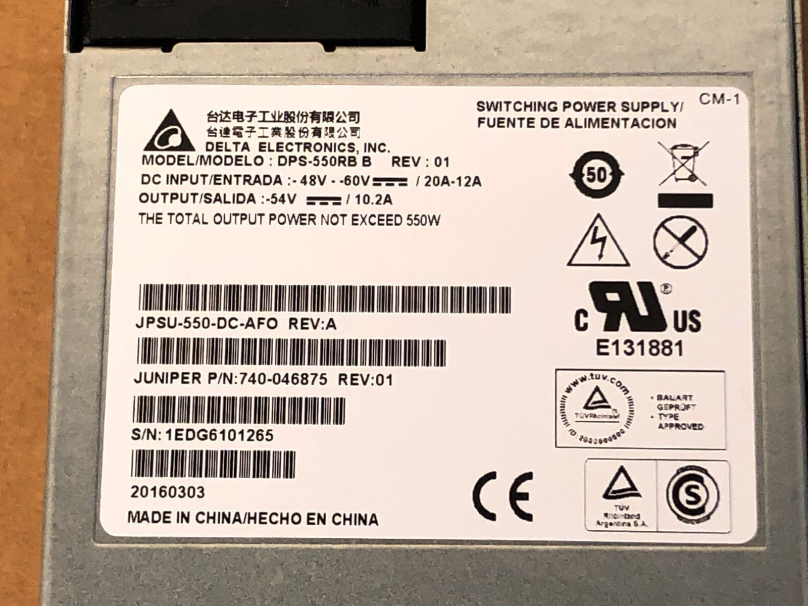 Juniper JPSU-550-DC-AFO EX4300 550W DC Power Supply 740-046875 Front-to-Back.