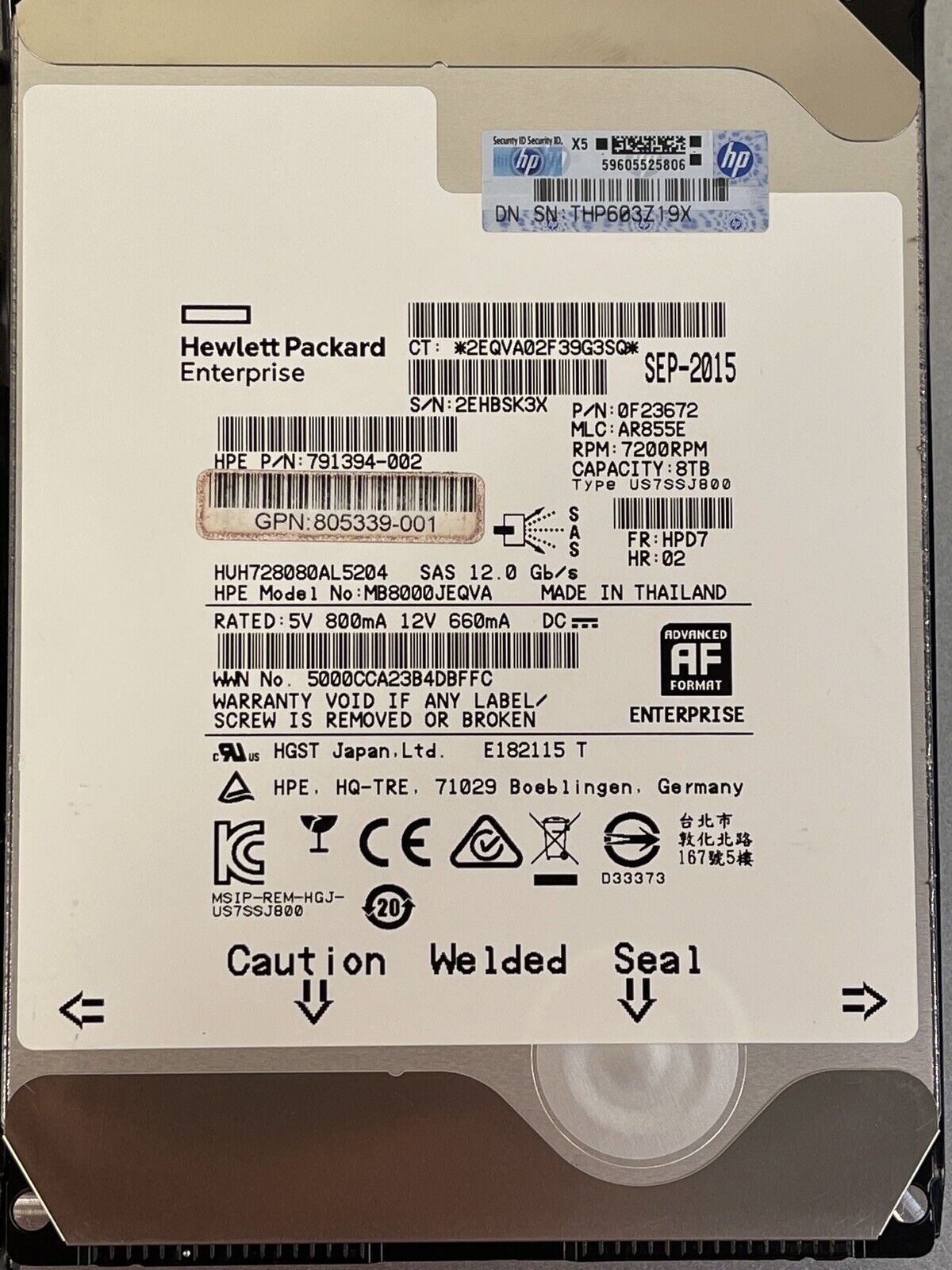 HPE 805344-001 8TB SAS 12Gb/s 7.2K rpm 3.5" LFF LP 512e HDD Hard Disk Drive