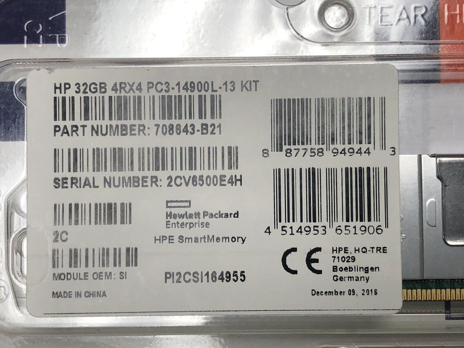 HPE 708643-B21 1x32GB Quad Rank x4 DDR3 1866MHz LRDIMM ECC CL13 Ram SmartMemory Kit