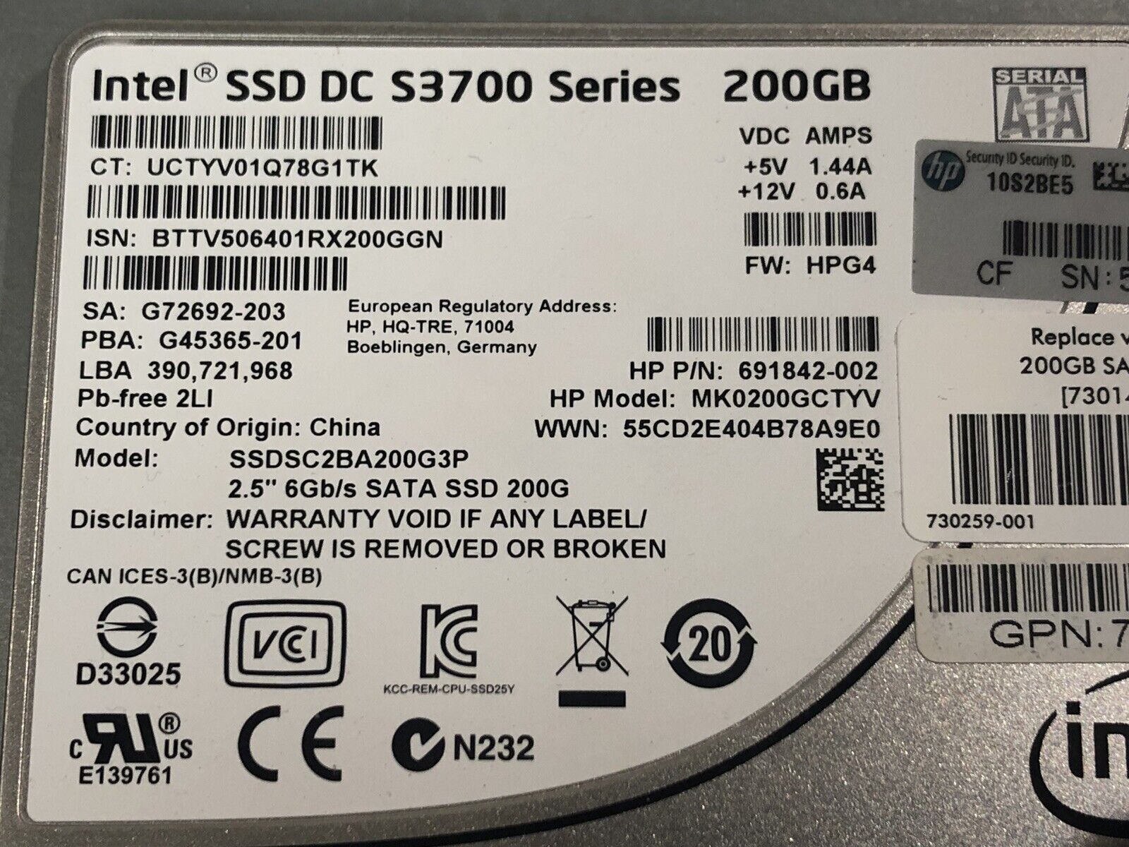 HP 730148-001 200GB SATA 6Gb/s 2.5" SFF Write Intensive MLC SSD Solid State Drive