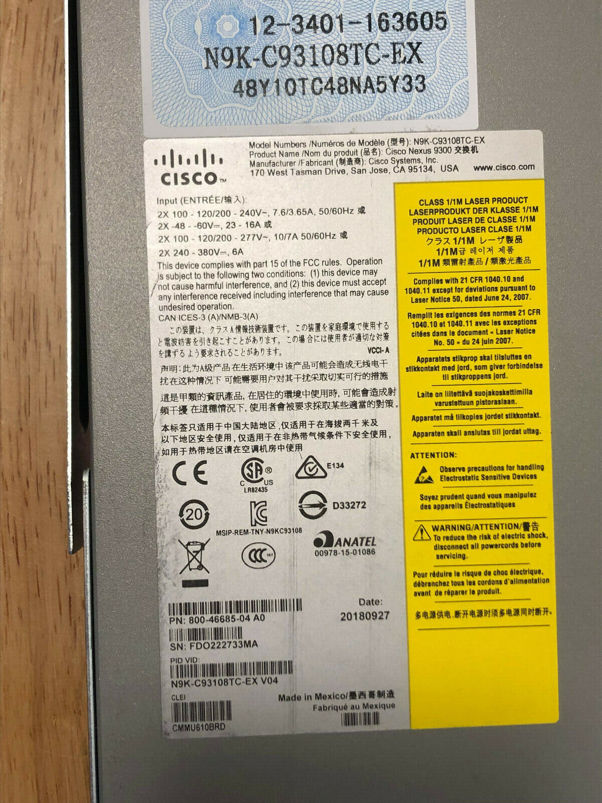 Cisco Nexus N9K-C93108TC-EX 48x 1/10GBASE-T RJ45 6x 40/100 Gbps QSFP28 ports PE.