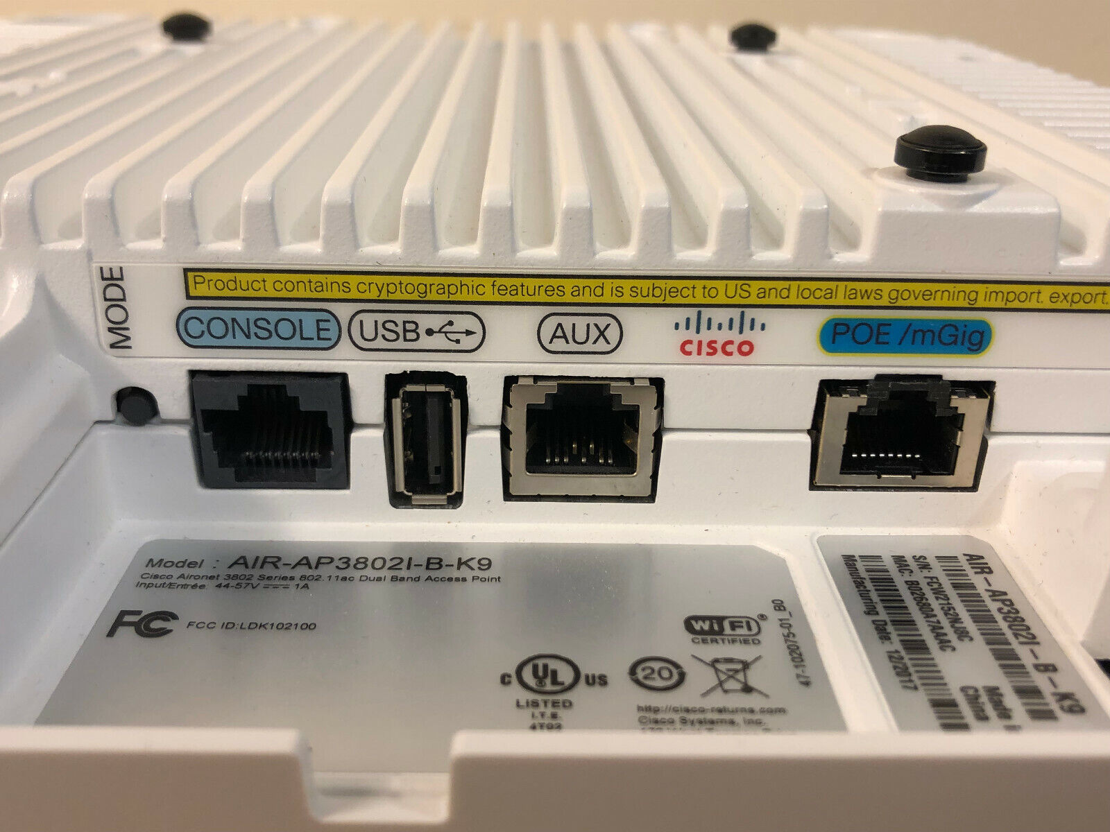 Cisco Air-AP3802i-B-K9 Wireless Access Point AP 802.11ac PoE/mGig port+Bracket.