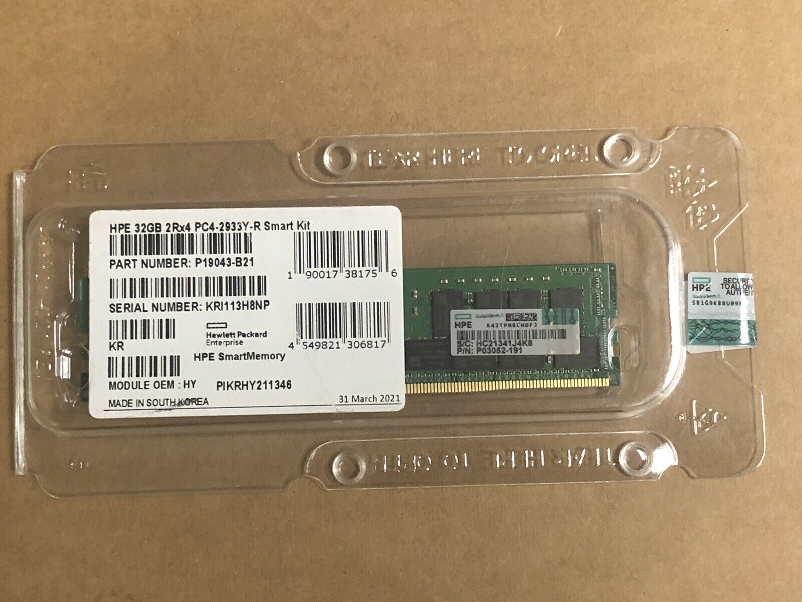 HPE P19043-B21 1x32GB Dual Rank x4 DDR4 2933MHz RDIMM ECC CL21 Ram SmartMemory Kit