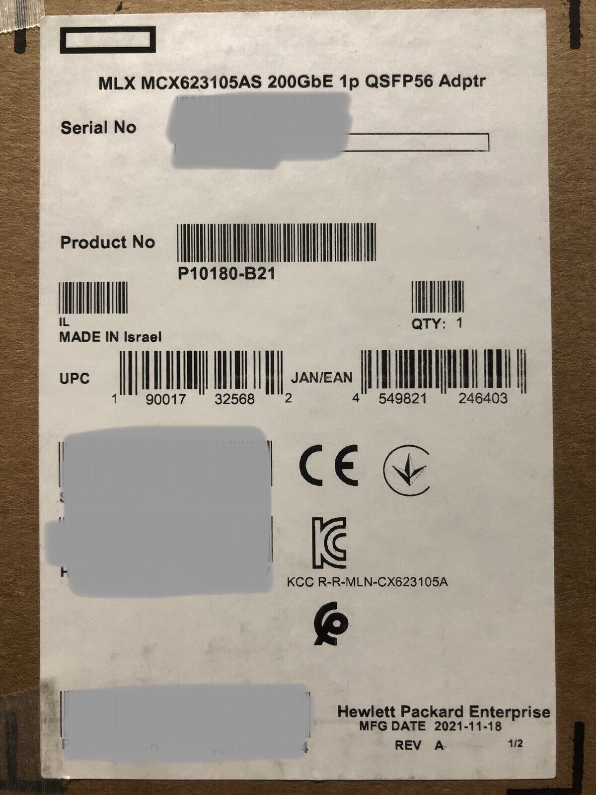 P10180-B21 HPE 200GbE 1P QSFP56 PCI-e 4.0 x16 ConnectX-6 Server Network Adapter NIC 1 Port MCX623105AS-VDAT.