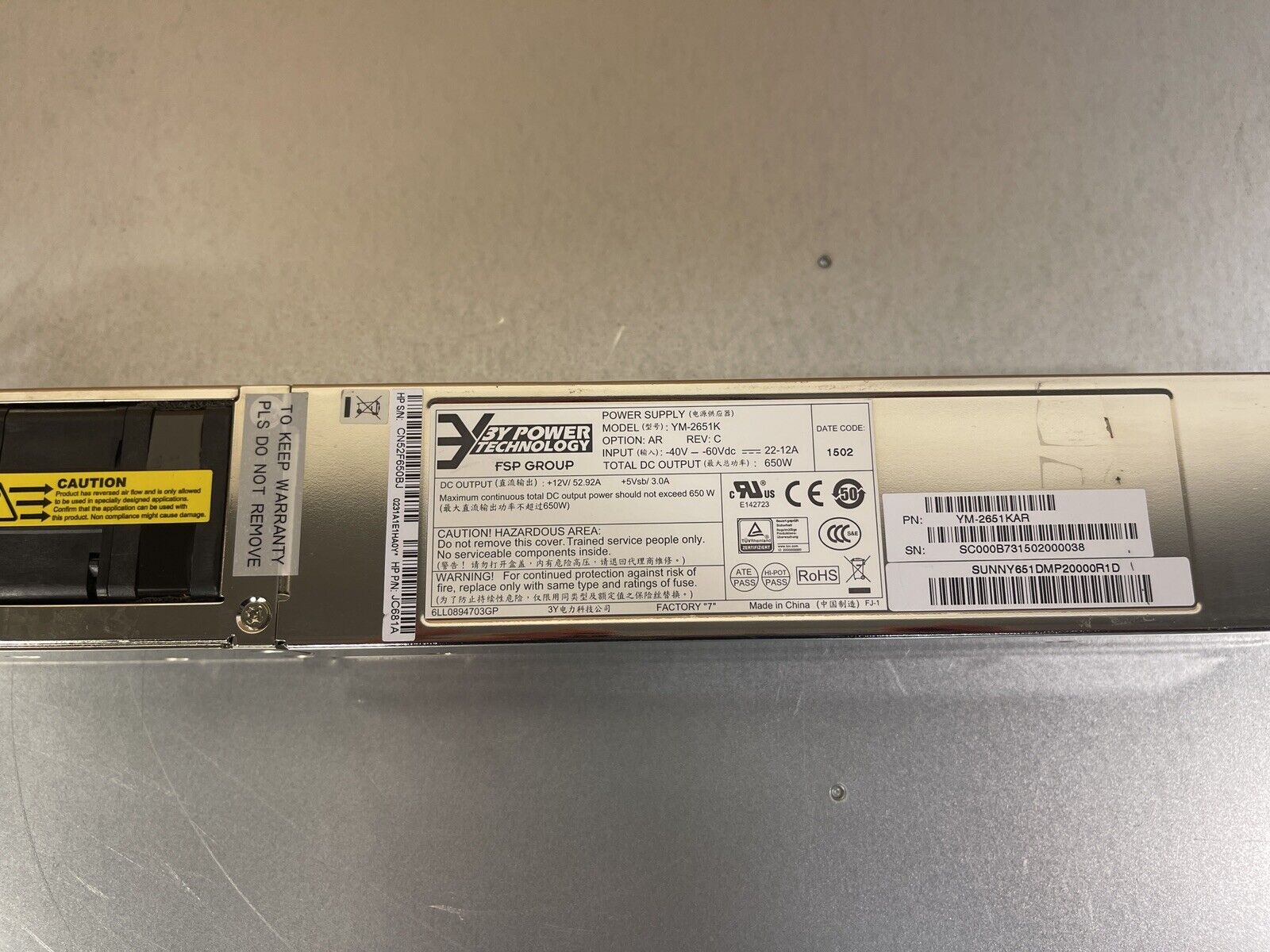 HP HPE FlexFabric Switch A58X0AF DC 650W Power Supply JC681A FF 5800AF 5900AF.