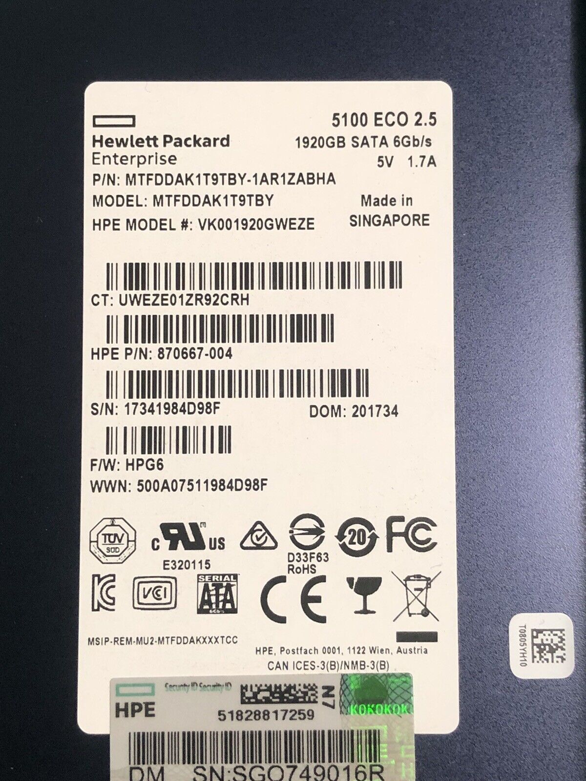 HPE 875657-001 1.92TB SATA 6Gb/s 2.5" SFF Read Intensive SC TLC SSD Solid State Drive