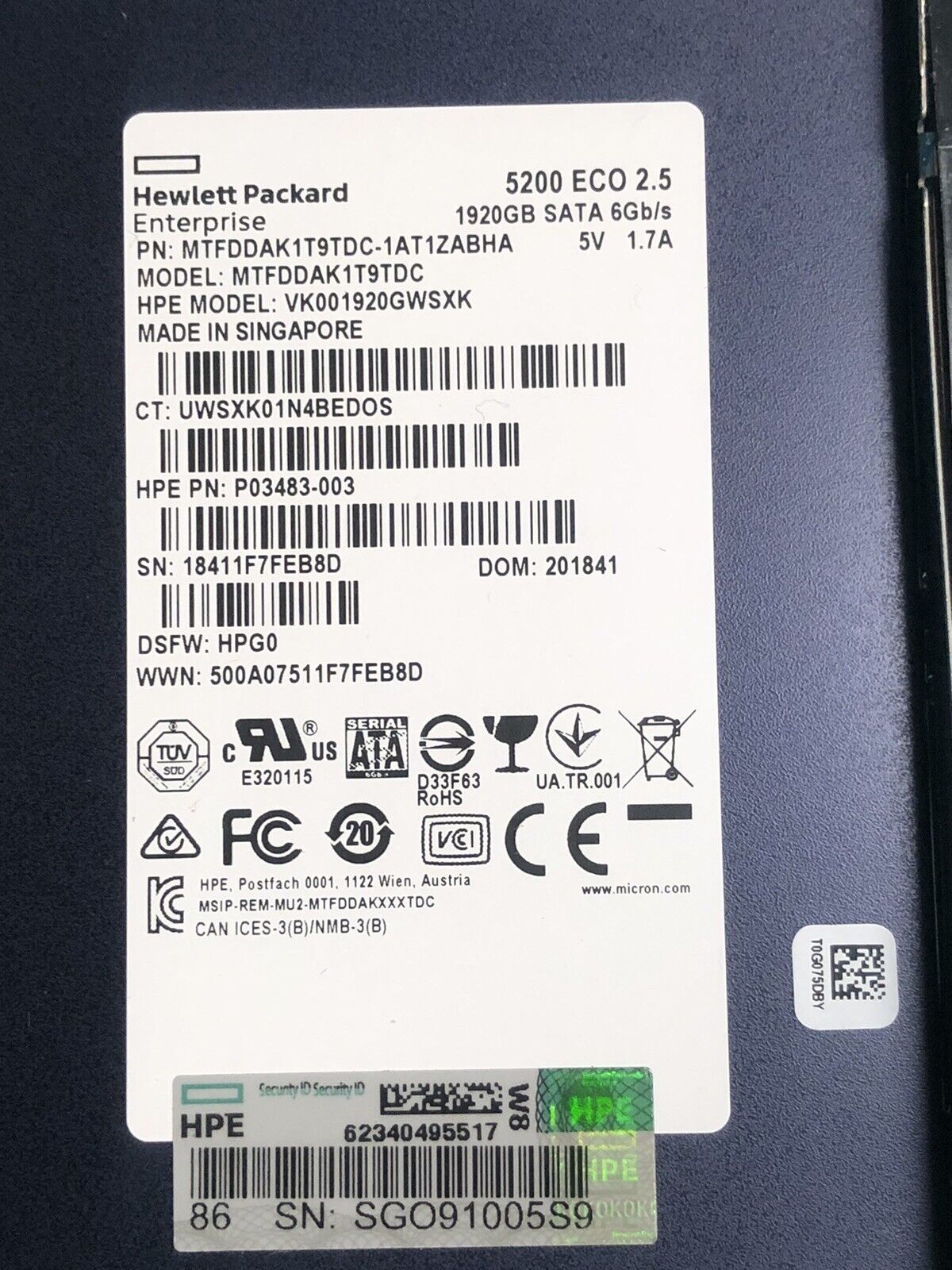 HPE P05314-001 1.92TB SATA 6Gb/s 2.5" SFF Read Intensive SC TLC DS SSD Solid State Drive