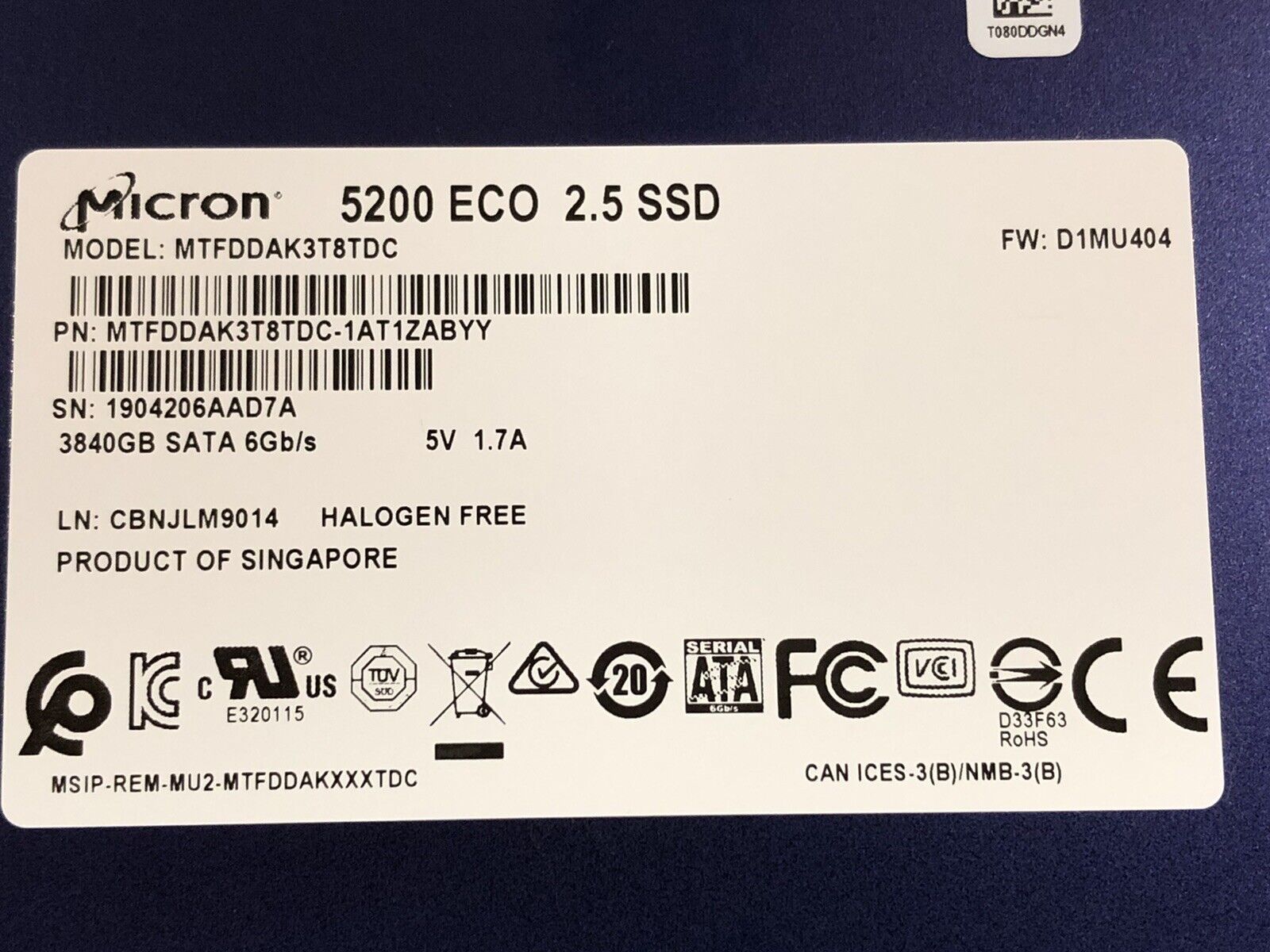 Micron MTFDDAK3T8TDC 3.84TB SATA 6Gb/s 2.5" SFF Read Intensive TLC SSD Solid State Drive