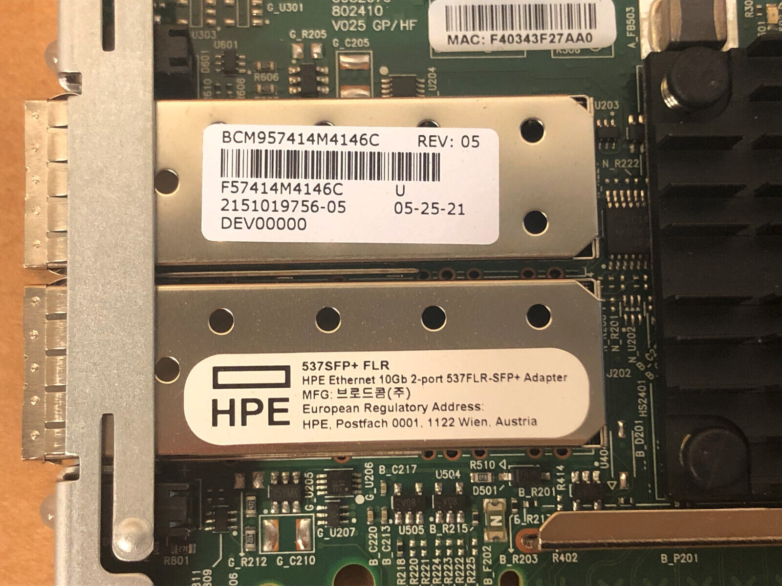 HPE Broadcom Ethernet 10GbE 2-port 537FLR-SFP+ Adapter FlexibleLOM 10G 10Gb FLR.