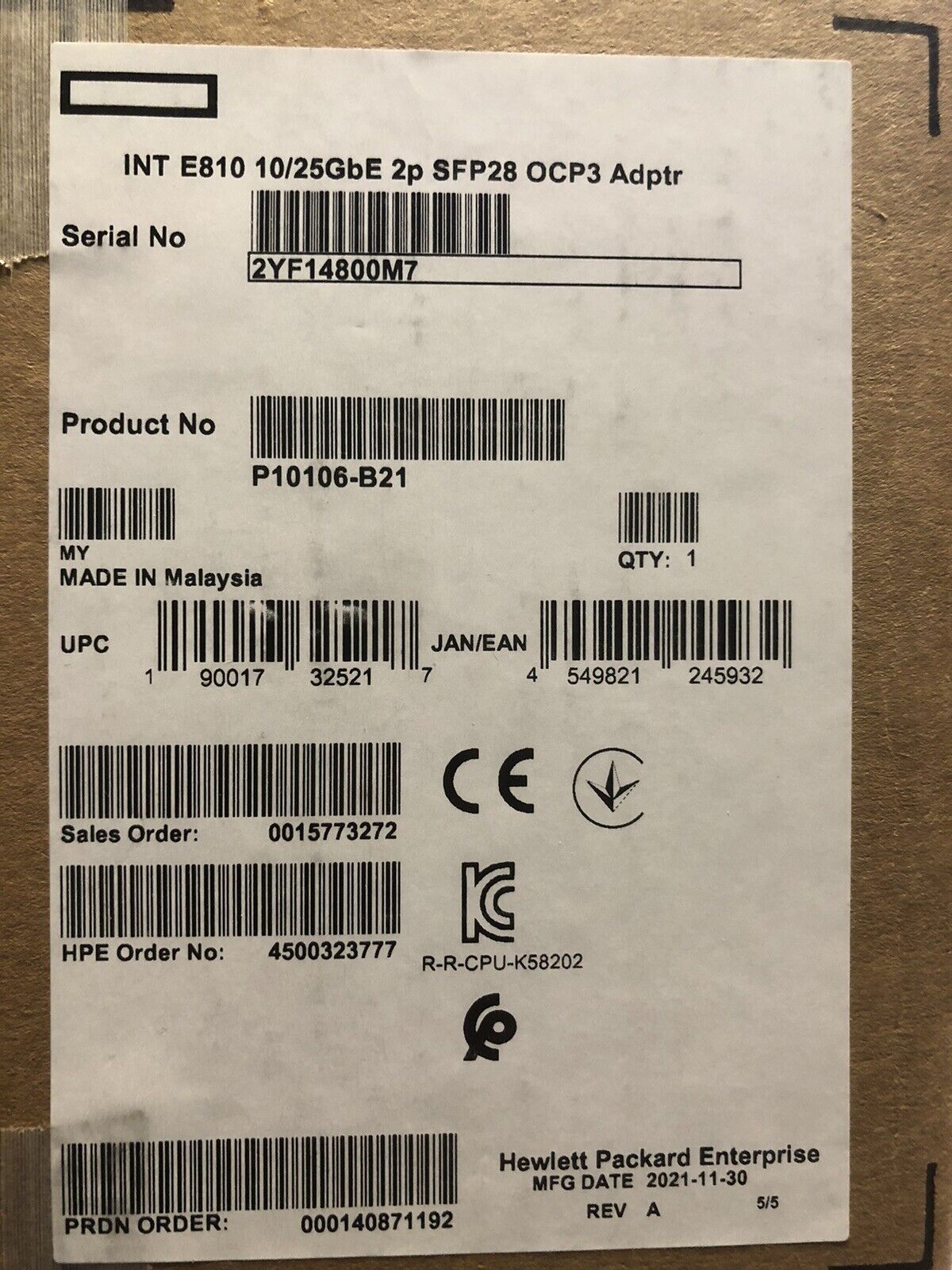 HPE P10106-B21 25GbE 10GbE 2P SFP28 Intel E810 OCP3 Network Adapter NIC 2 Port 10G 25G 25GE Ethernet 2 Port 10GE 10/25GB.