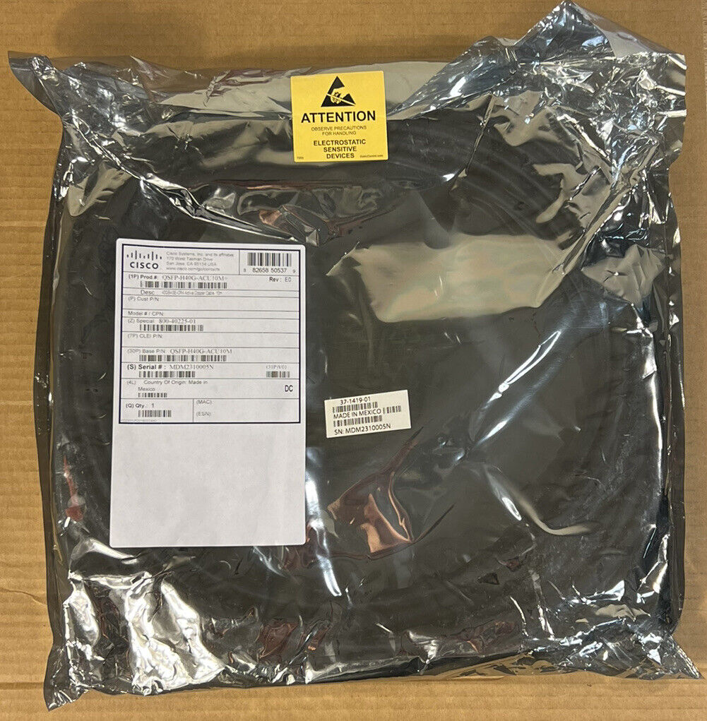 Cisco 37-1419-01 QSFP-H40G-ACU10M 40GBASE-CR4 Active Copper 10M Direct Attach Cable.