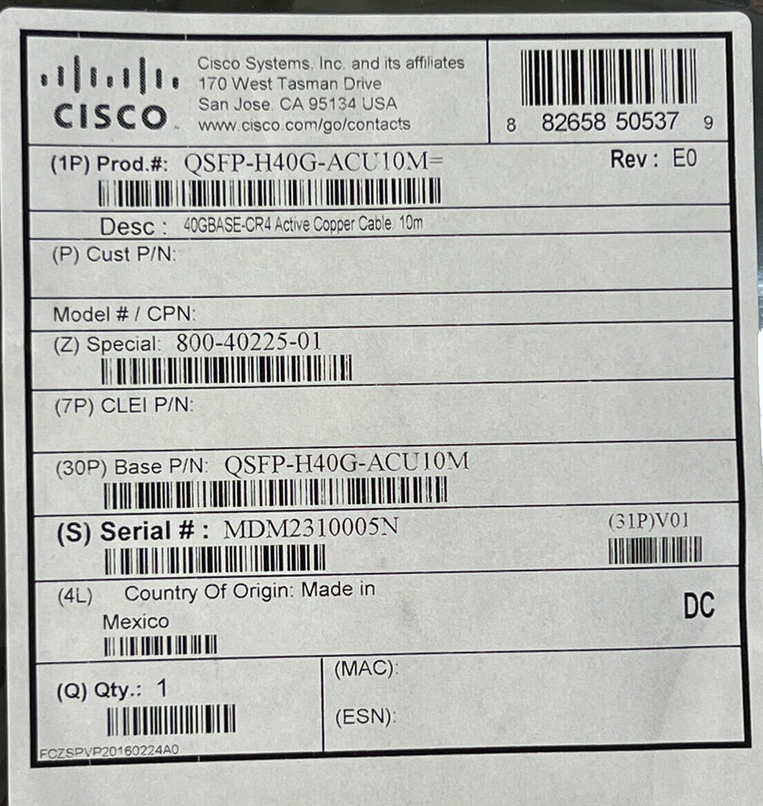 Cisco 37-1419-01 QSFP-H40G-ACU10M 40GBASE-CR4 Active Copper 10M Direct Attach Cable.