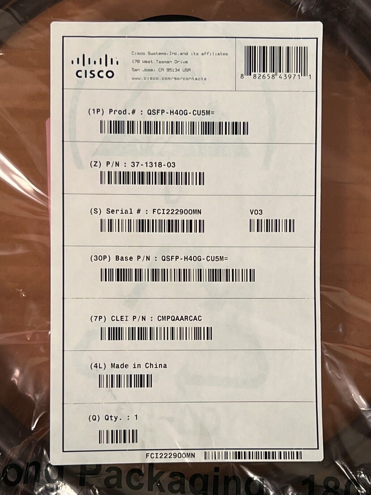 Cisco 37-1318-03 QSFP-H40G-CU5M 40GBASE-CR4 Passive Copper 5M Direct Attach Cable.