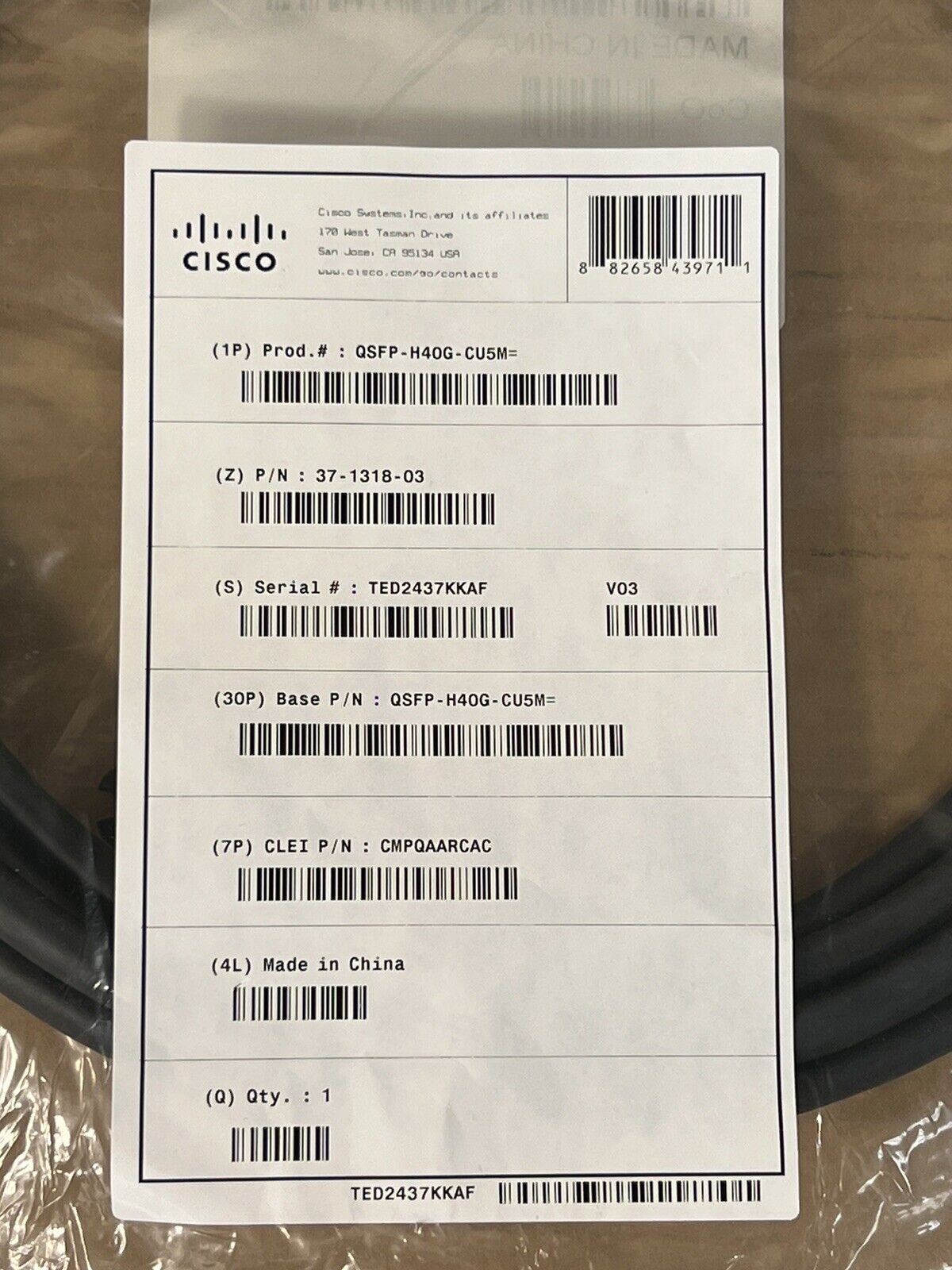 Cisco 37-1318-03 QSFP-H40G-CU5M 40GBASE-CR4 Passive Copper 5M Direct Attach Cable.