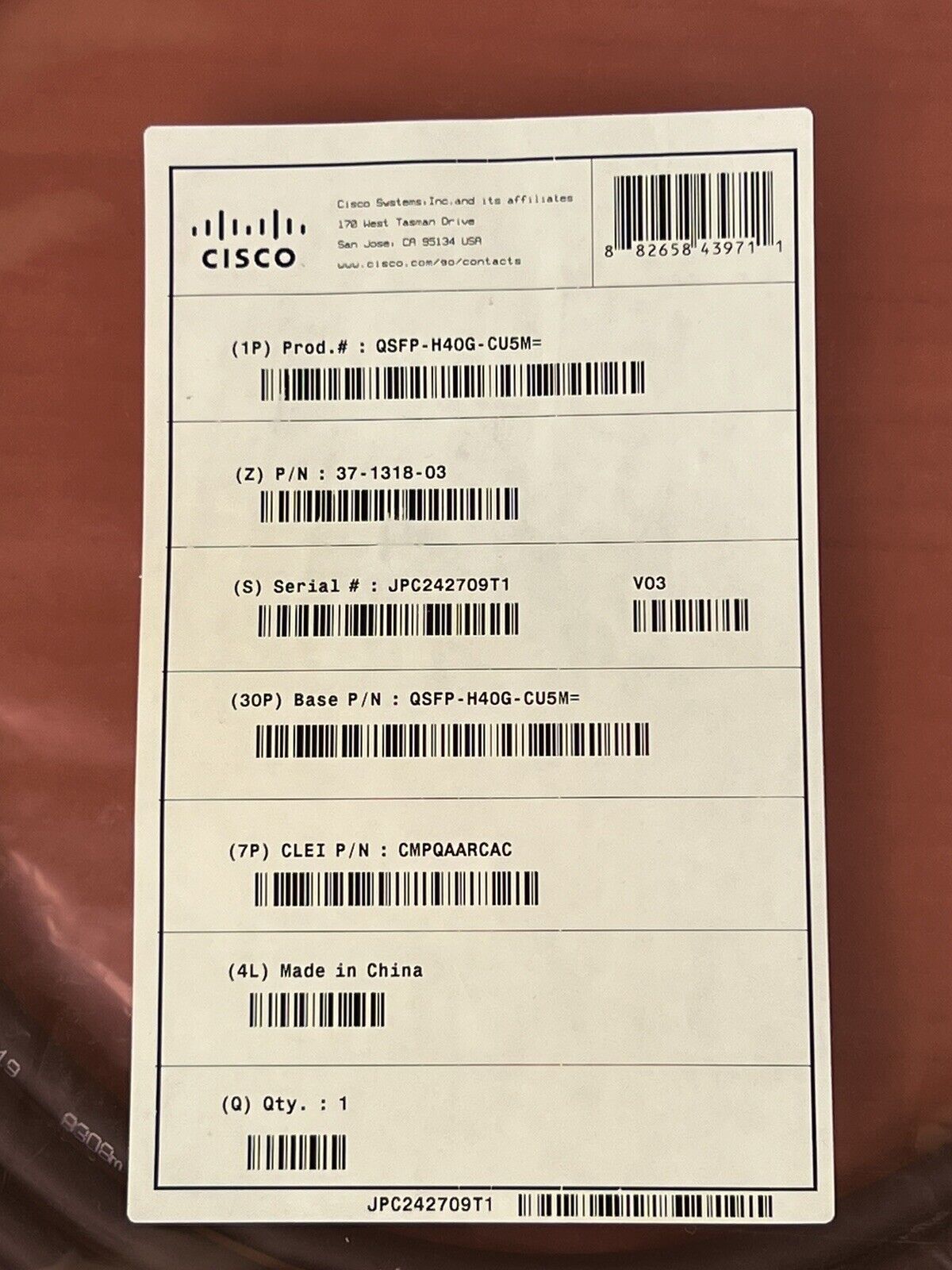 Cisco 37-1318-03 QSFP-H40G-CU5M 40GBASE-CR4 Passive Copper 5M Direct Attach Cable.