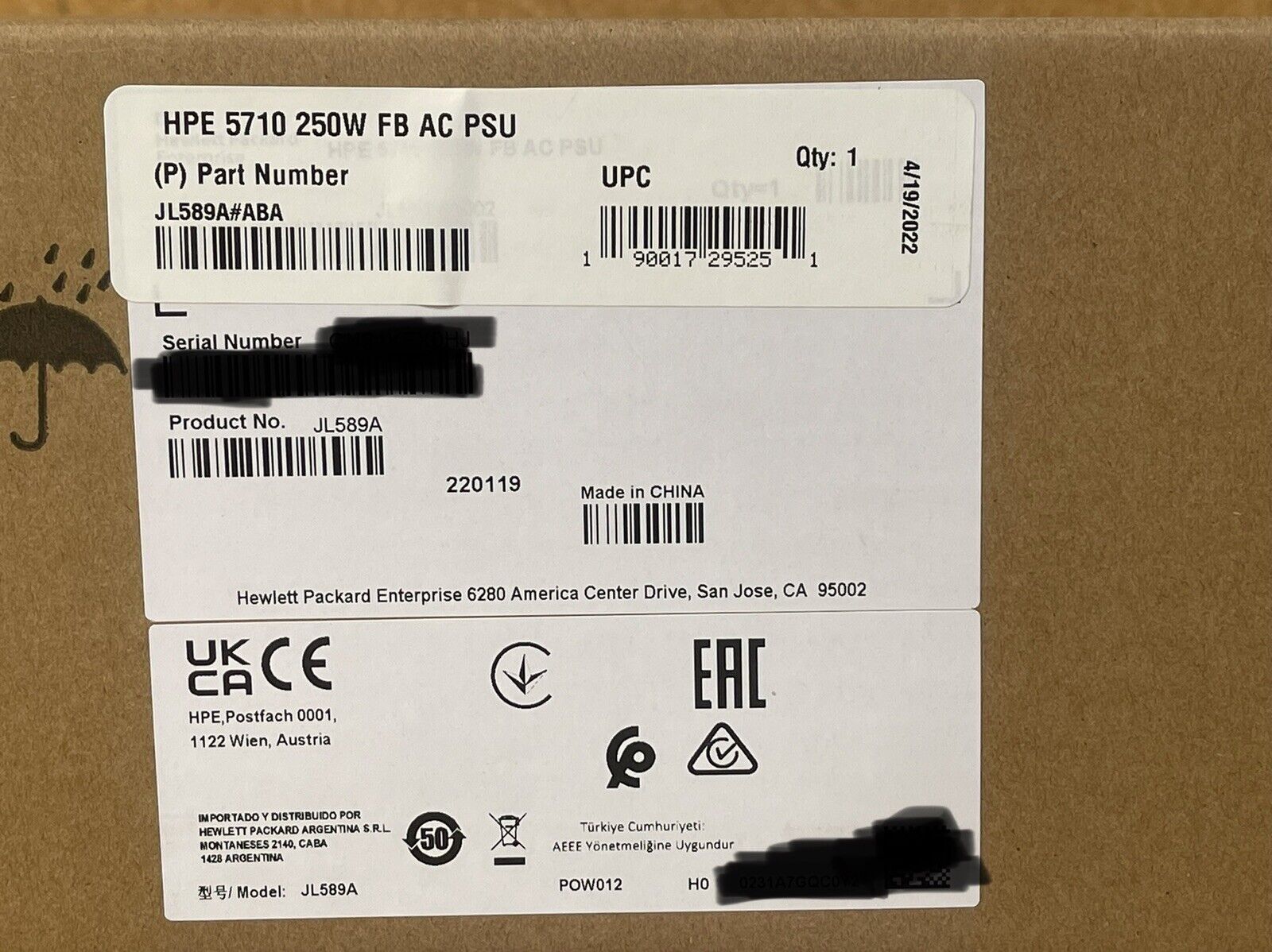 HPE JL589A FlexFabric 5710 250W Front-to-Back AC Power Supply JL589A JL589A#ABA FB.