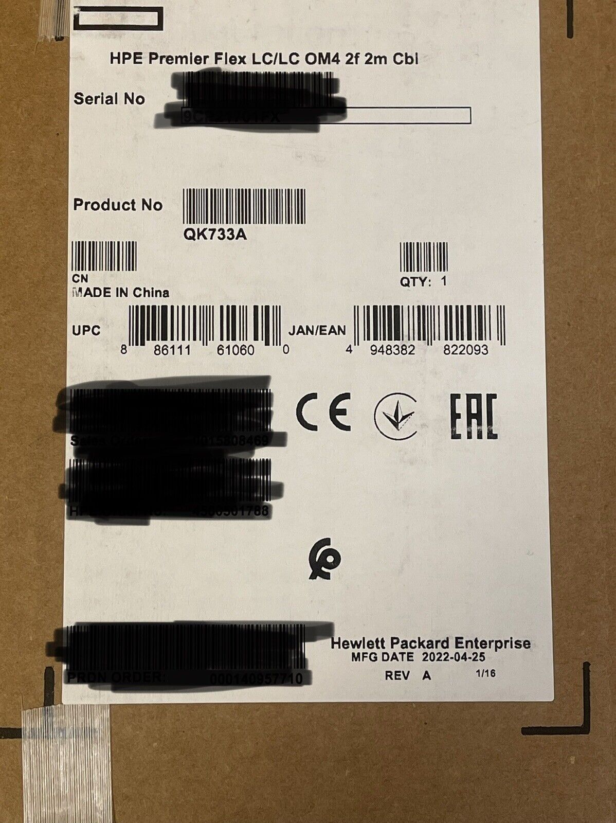 HPE QK733A 2M Premier FLEX OM4 LC-LC Duplex Cable 2f Cbl 2 Fiber 6.5ft 2 Meter.