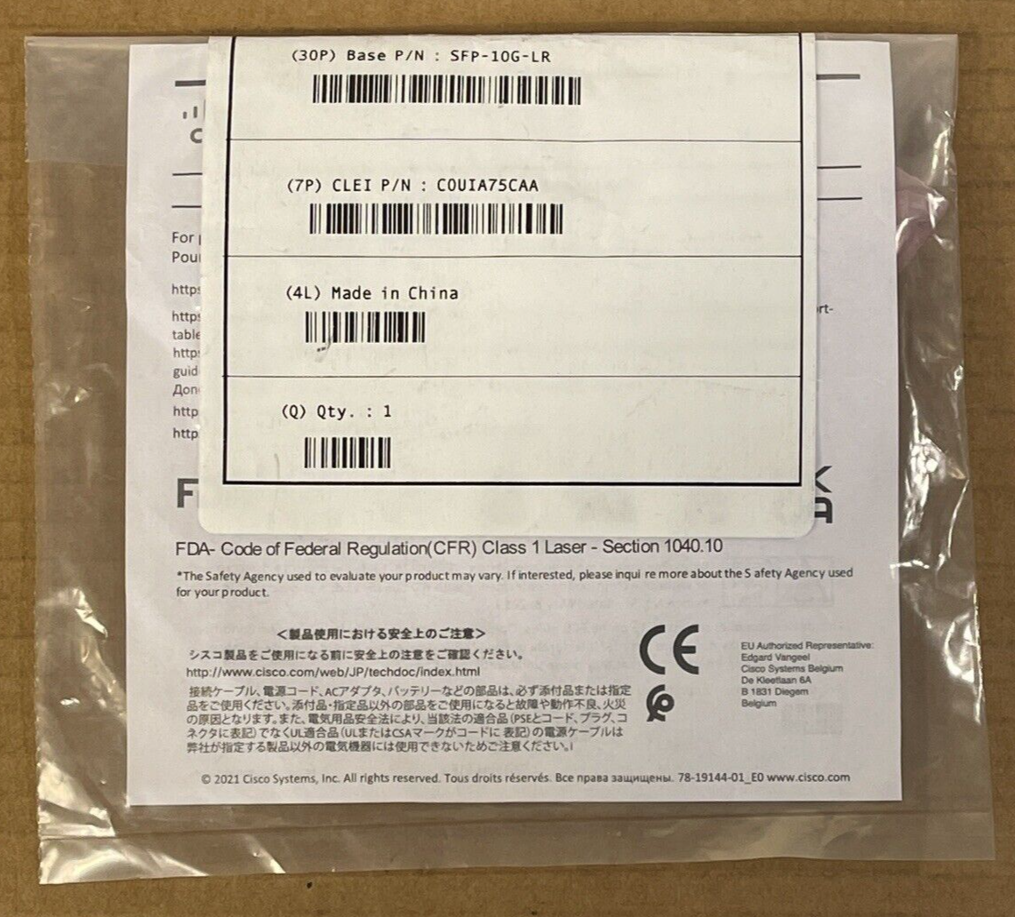 Cisco SFP-10G-LR SFP+ Transceiver Module LC-LC SMF 10-2457-02 10GE V02.