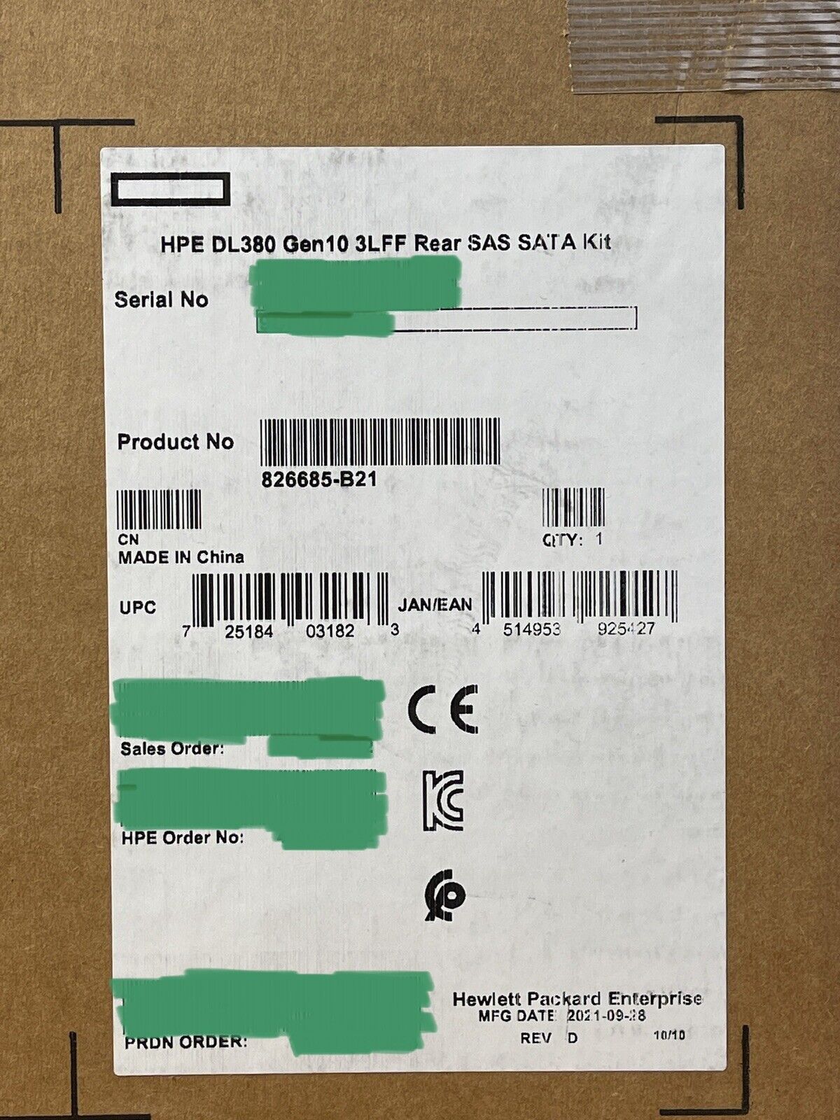 HPE 826685-B21 DL38x DL385 DL380 Gen10 3LFF HDD/SSD SC Rear Riser Kit SATA SAS 3.5.