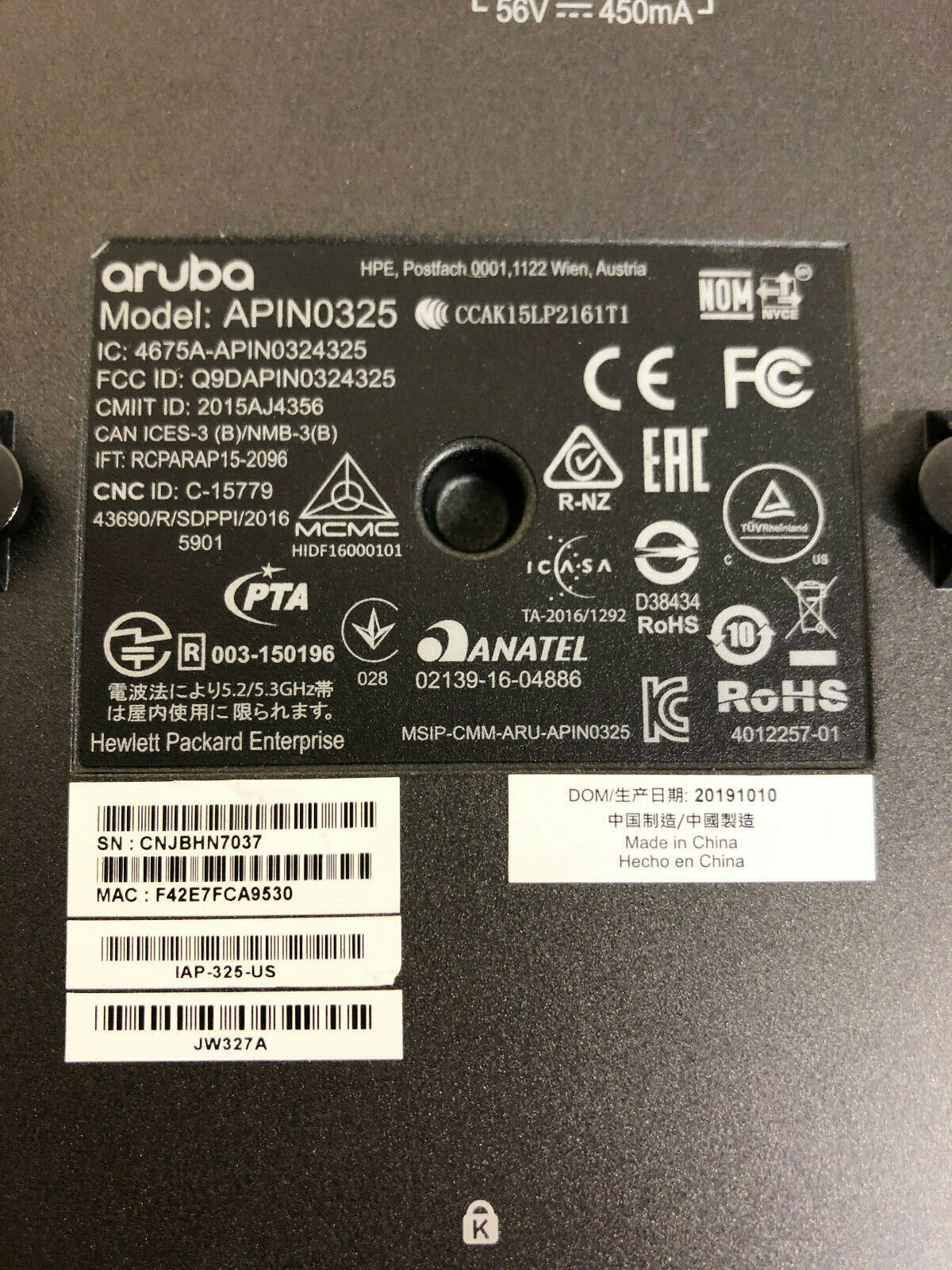 HPE JW327A Aruba Instant IAP-325 802.11ac Dual Wireless Access Point PoE+ 4x4 MU-MIMO IAP-325-US APIN0325 AP AP325.