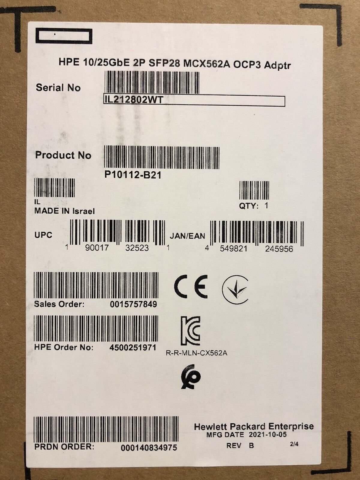 P10112-B21 HPE 10GbE 25GbE 2P SFP28 OCP3 Network Adapter NIC 2 Port 10GbE MLX G4 Gen10 Plus and V2 MCX562A-ACAI.