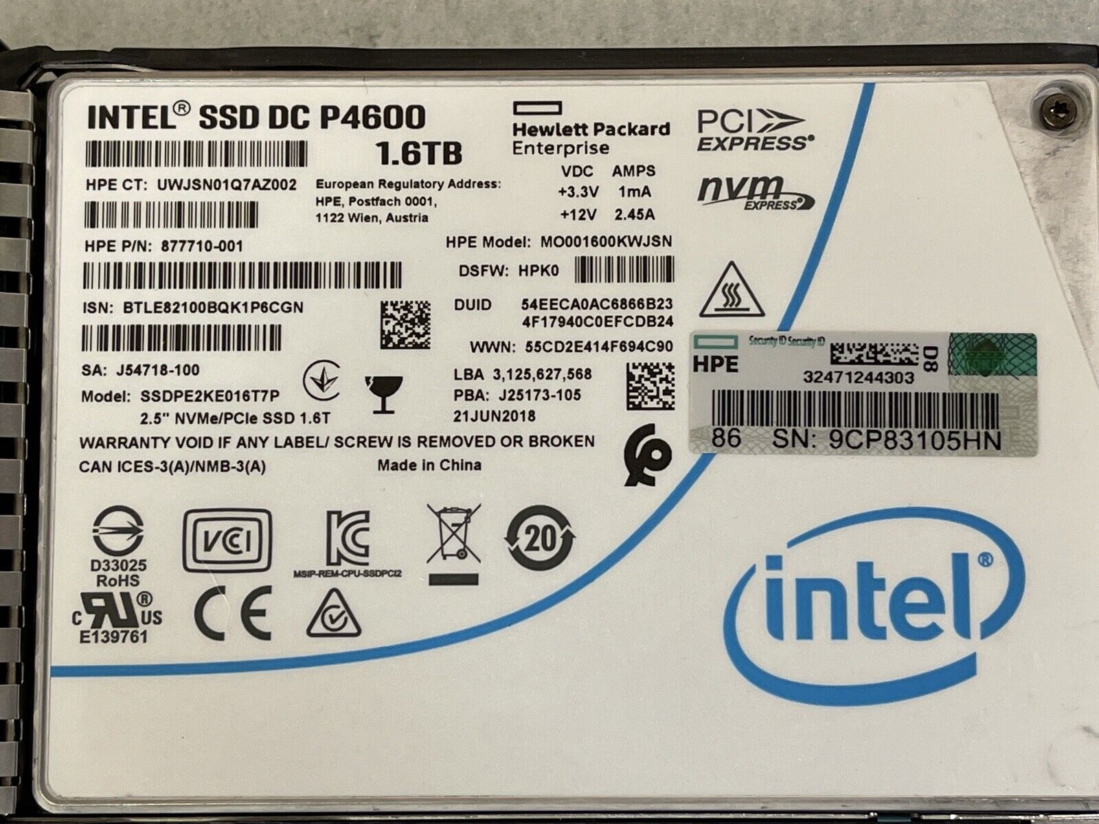 HPE 880244-001 1.6TB U.2 NVMe 2.5" SFF Mixed Use SCN MLC SSD Solid State Drive