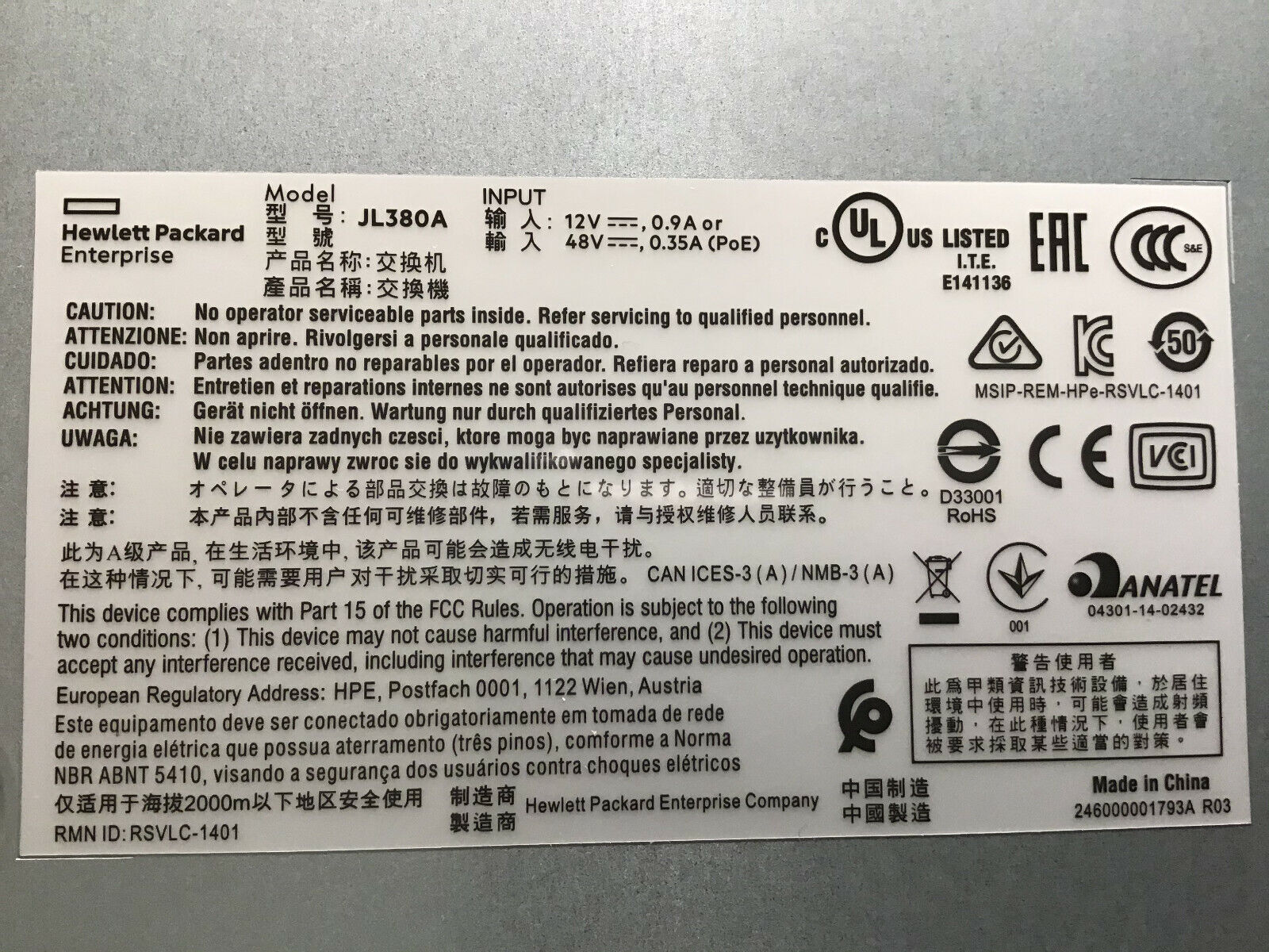 HPE JL380A OfficeConnect 8 Port Gigabit Ethernet Switch 8x RJ-45 PoE Input.