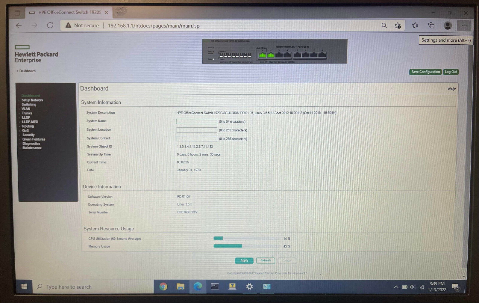 HPE JL380A OfficeConnect 8 Port Gigabit Ethernet Switch 8x RJ-45 PoE Input.