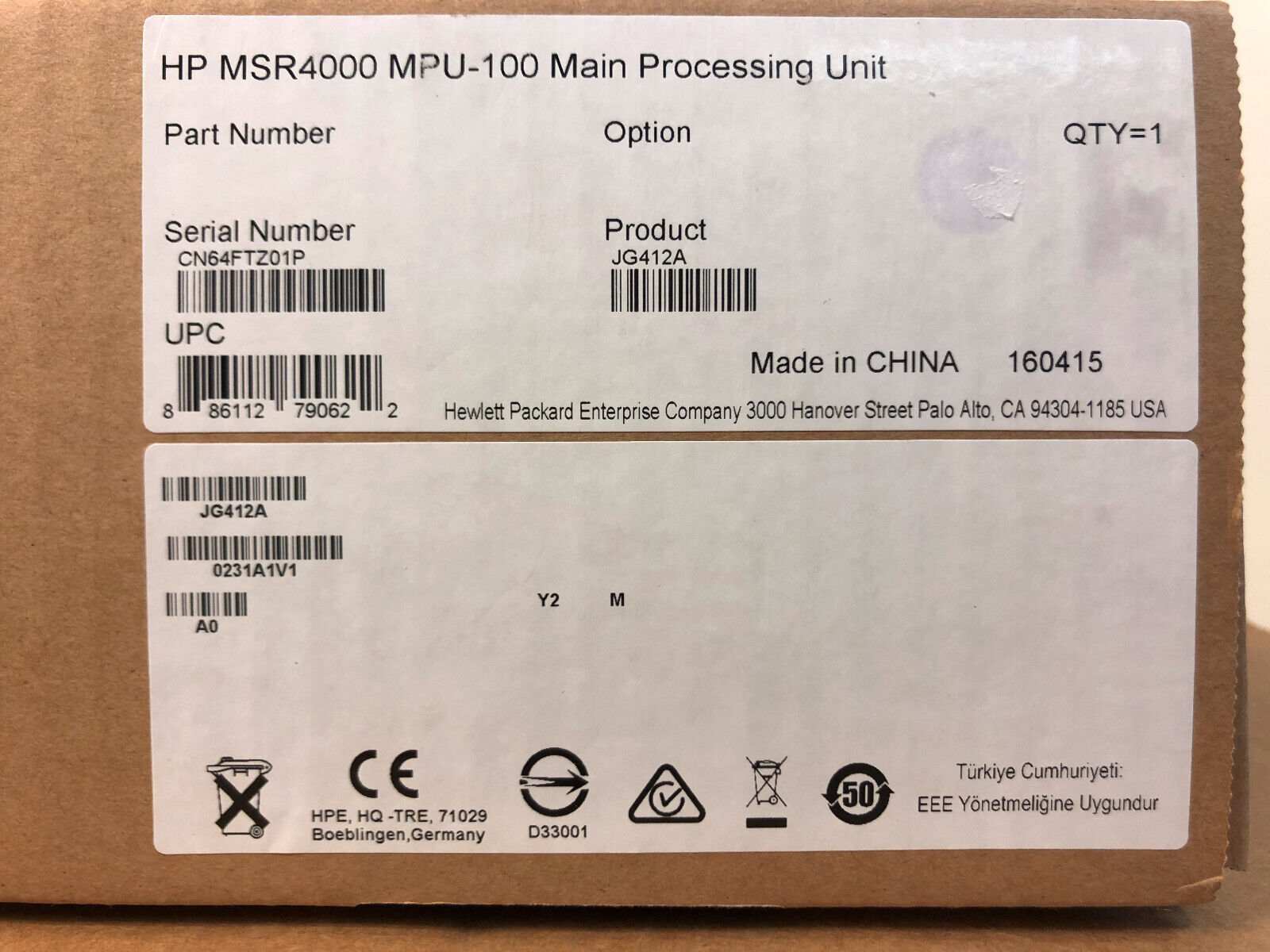 HPE JG412A FlexNetwork MSR4000 MPU-100 Main Processing Unit w/ Compact Flash Card Slot.