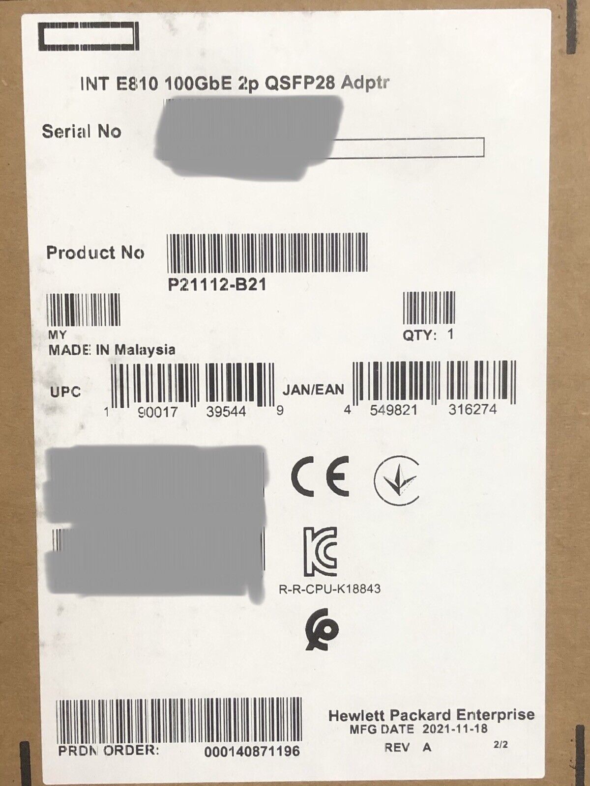 HPE P21112-B21 Intel E810 100GbE 2P QSFP28 PCI-e 4 Server Network Adapter NIC 2 Port 100GE P22201-001.