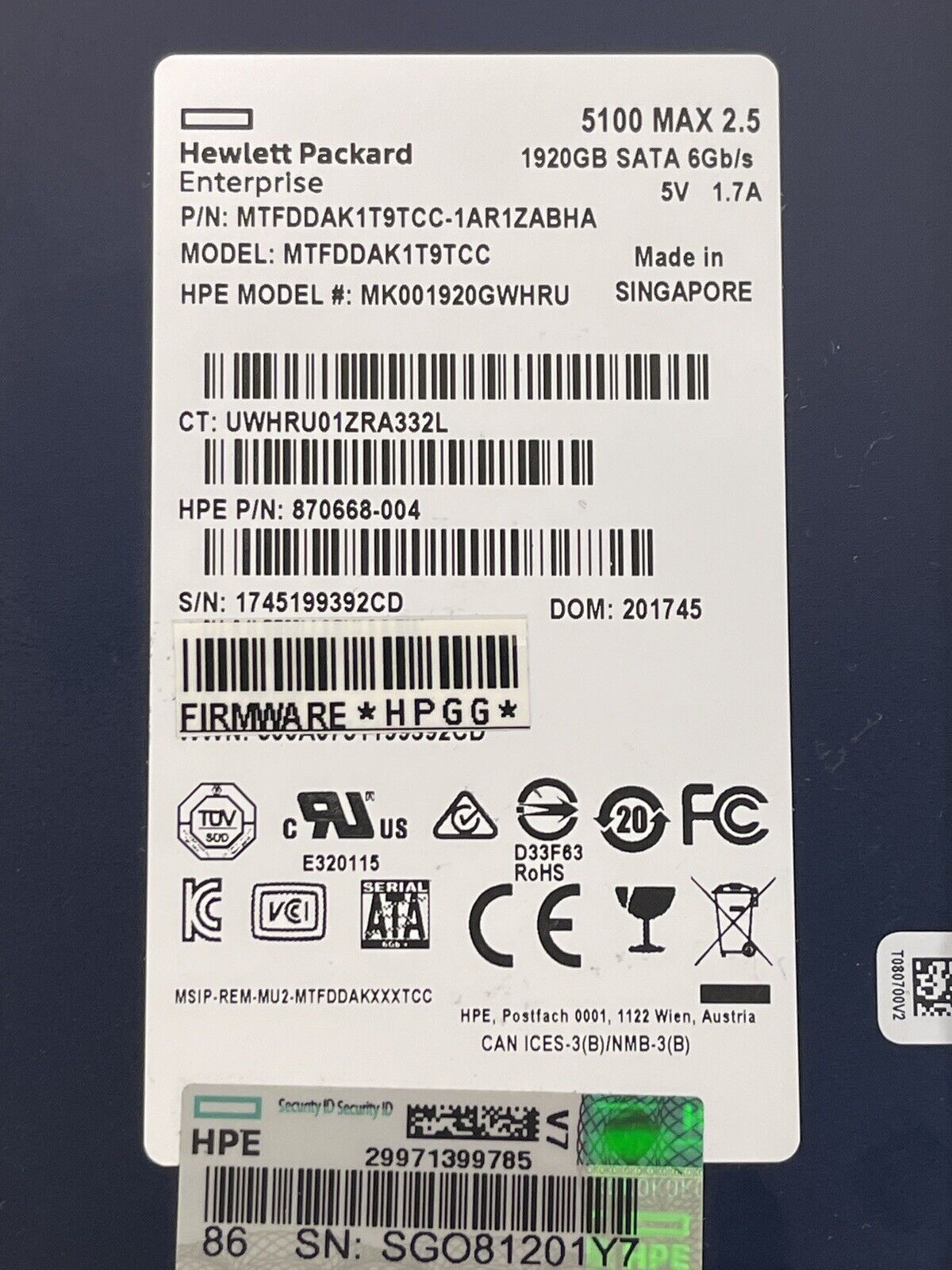 HPE 875867-001 1.92TB SATA 6Gb/s 2.5" SFF Mixed Use SC TLC SSD Solid State Drive