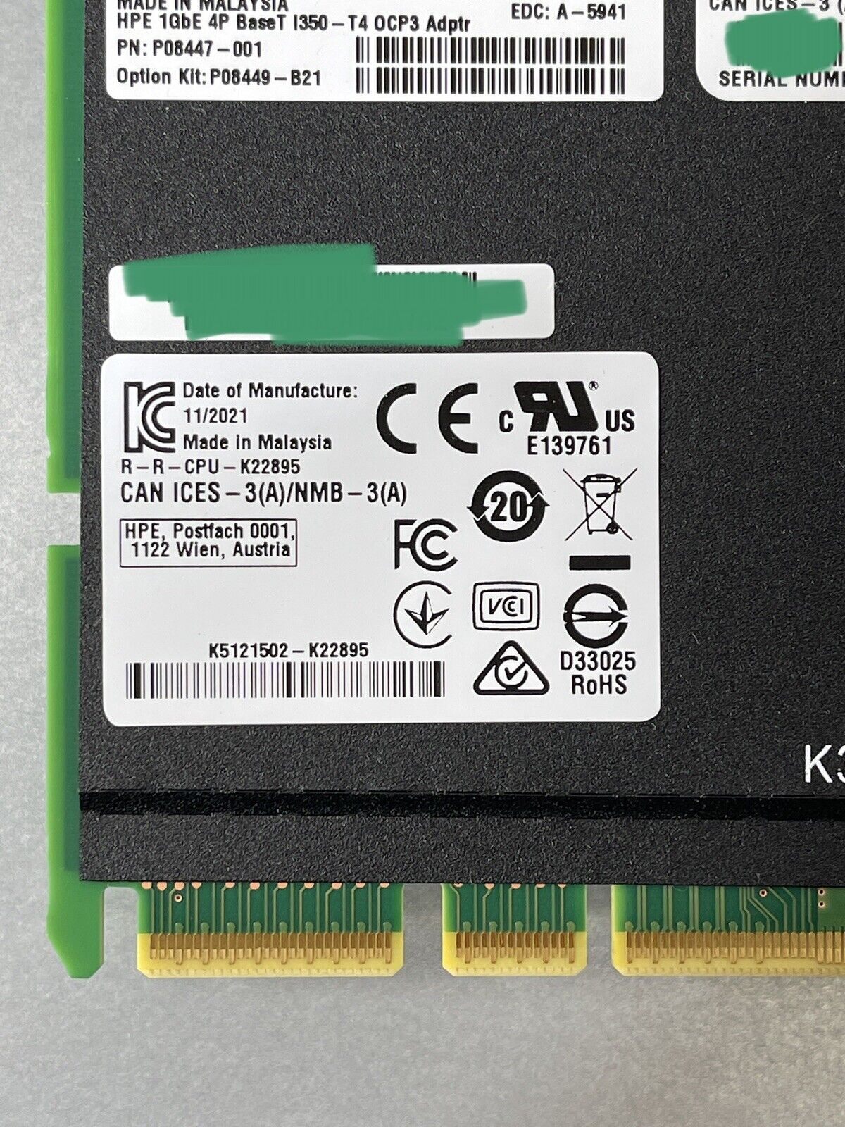 HPE P08449-B21 I350-T4 1GbE 4-Port OCP3 BASE-T Ethernet Network Adapter 4P BaseT.