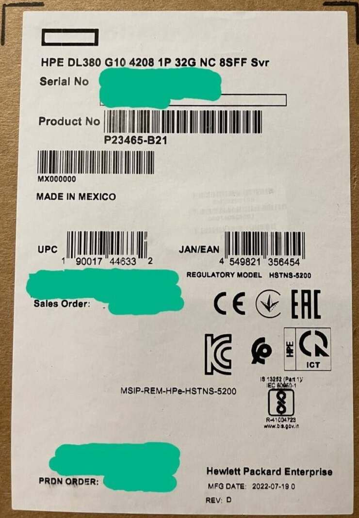 HPE P23465-B21 ProLiant DL380 Gen10 1x Xeon 4208 2.1GHz 8-core 32GB 8SFF P408i-a 500W PSU Server