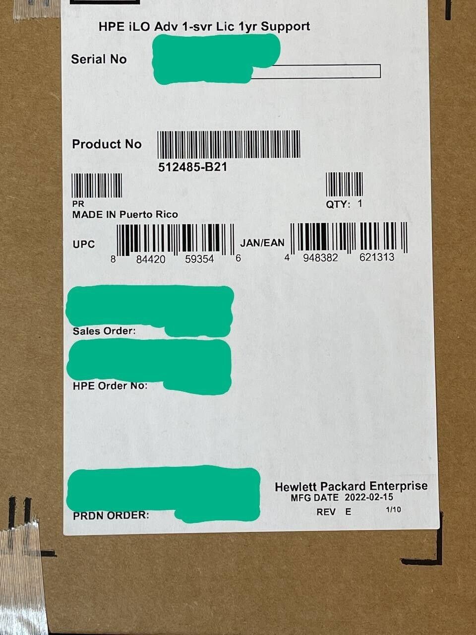 HPE 512485-B21 iLO Advanced Paper License iLO5 w/ 1 Year Support on Licensed Features.