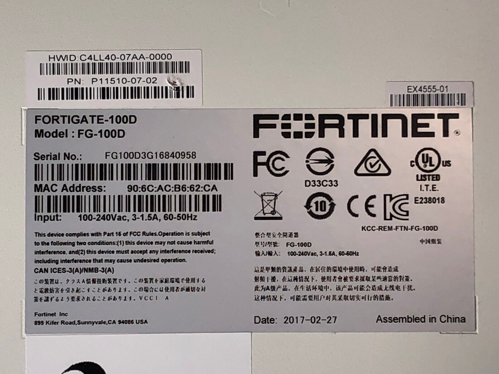 Fortinet FG-100D P11510-07-02 Fortigate 100D 20x RJ45 Ports 2x SFP Ports No License.